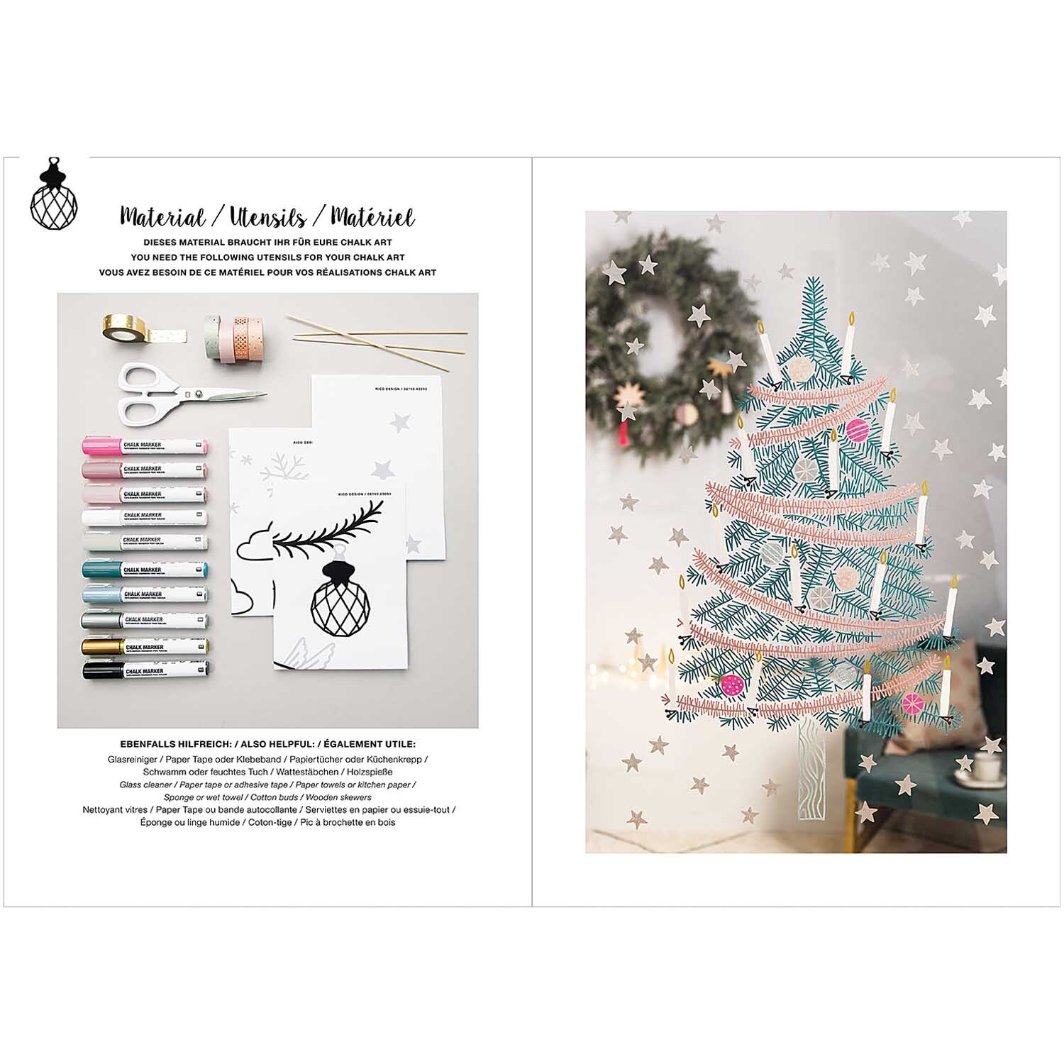 Vorlagenmappe Nostalgic Christmas Fenster- und Glasmalerei mit Kreidestiften von Rico Design Vorlagenmappe Nostalgic Christmas Fenster- und Glasmalerei zeigt Kreidestifte und weihnachtliche Motive auf einem Tisch mit einem dekorierten Fenster.
