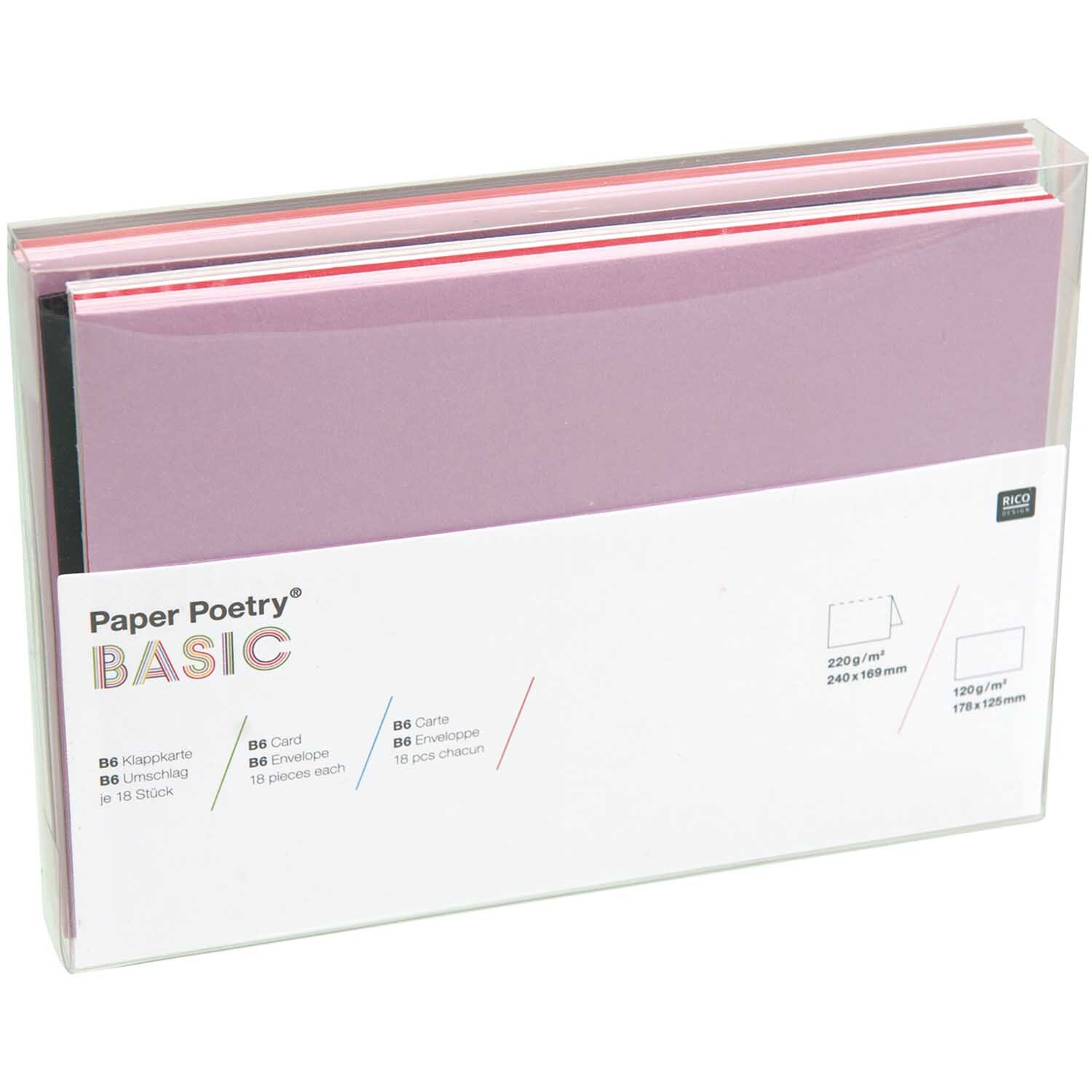 Paper Poetry Kartenset Basic B6, 36-teilig, von Rico Design. Enthält Karten und Umschläge in verschiedenen Farben in einer transparenten Box.