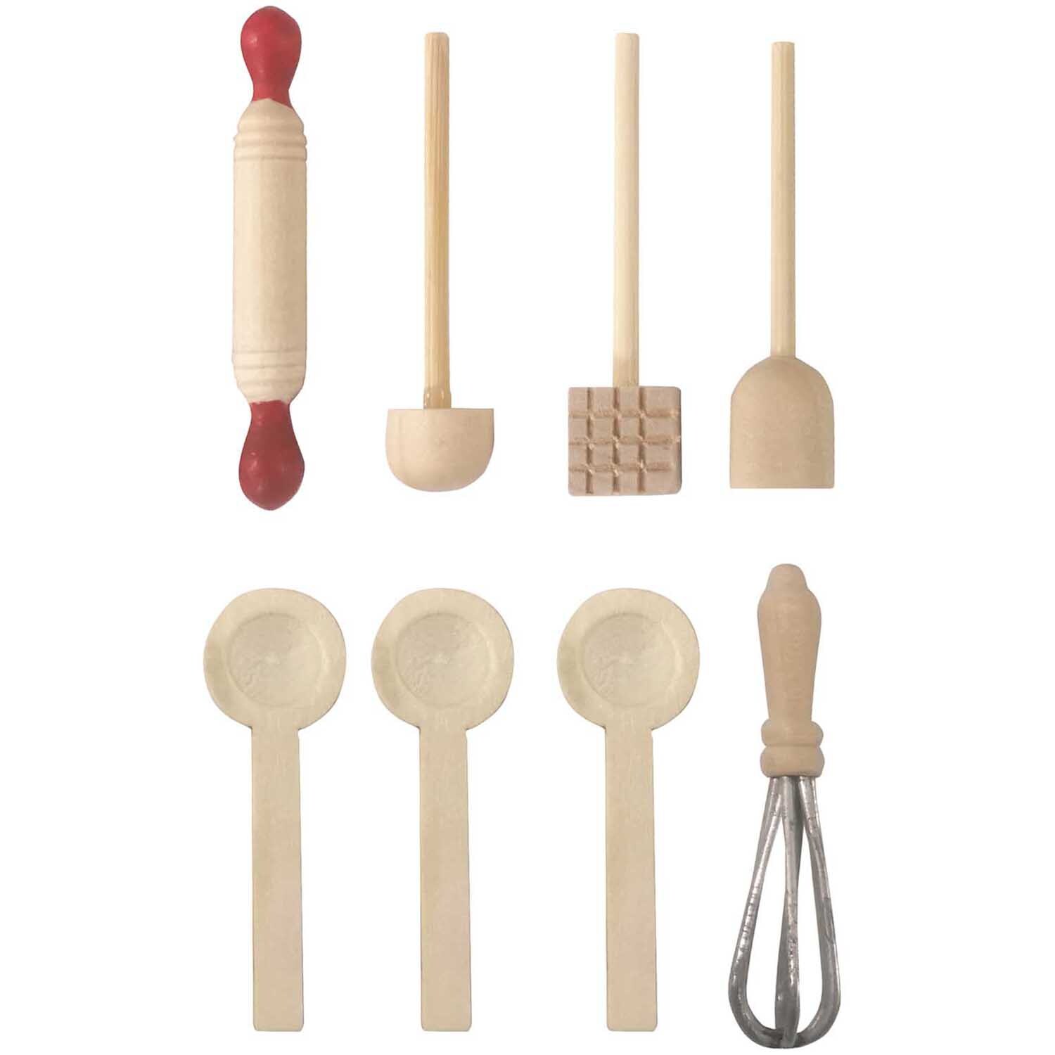 Miniatur Backutensilien: Acht-teiliges Set aus Holz mit verschiedenen Küchenwerkzeugen von Rico Design. Ideal für kreative Backprojekte.