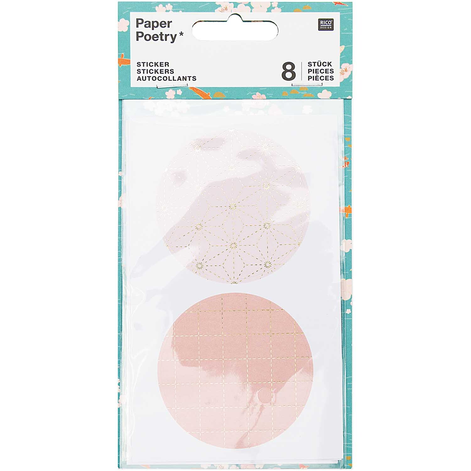 Paper Poetry Sticker Jardin Japonais mit grafischen, pastellfarbenen Designs, 8 Stück von Rico Design. Ideal für kreative Projekte.