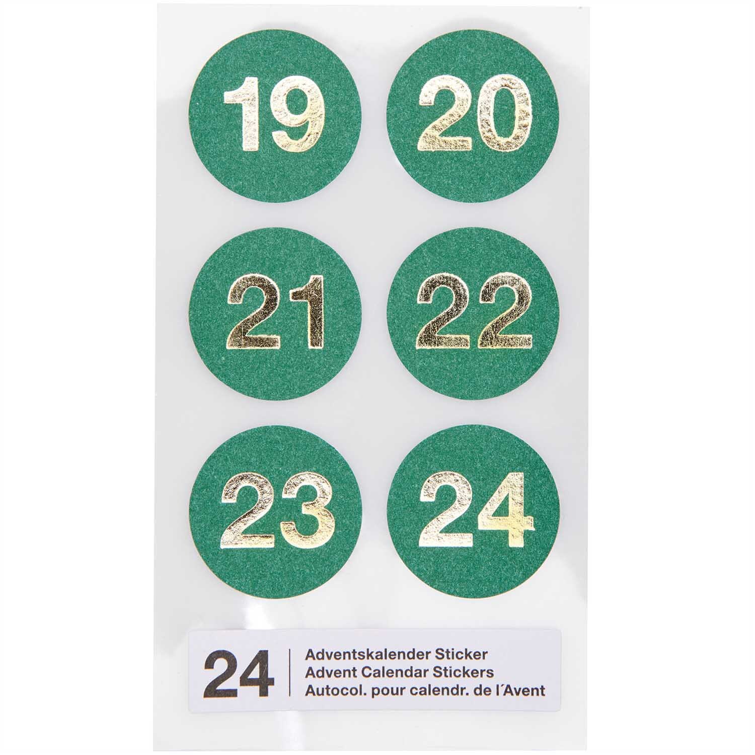 Paper Poetry Adventskalender Sticker Zahlen 1-24 in Grün mit goldenen Zahlen von 19 bis 24. Ideal für kreative Adventskalender.