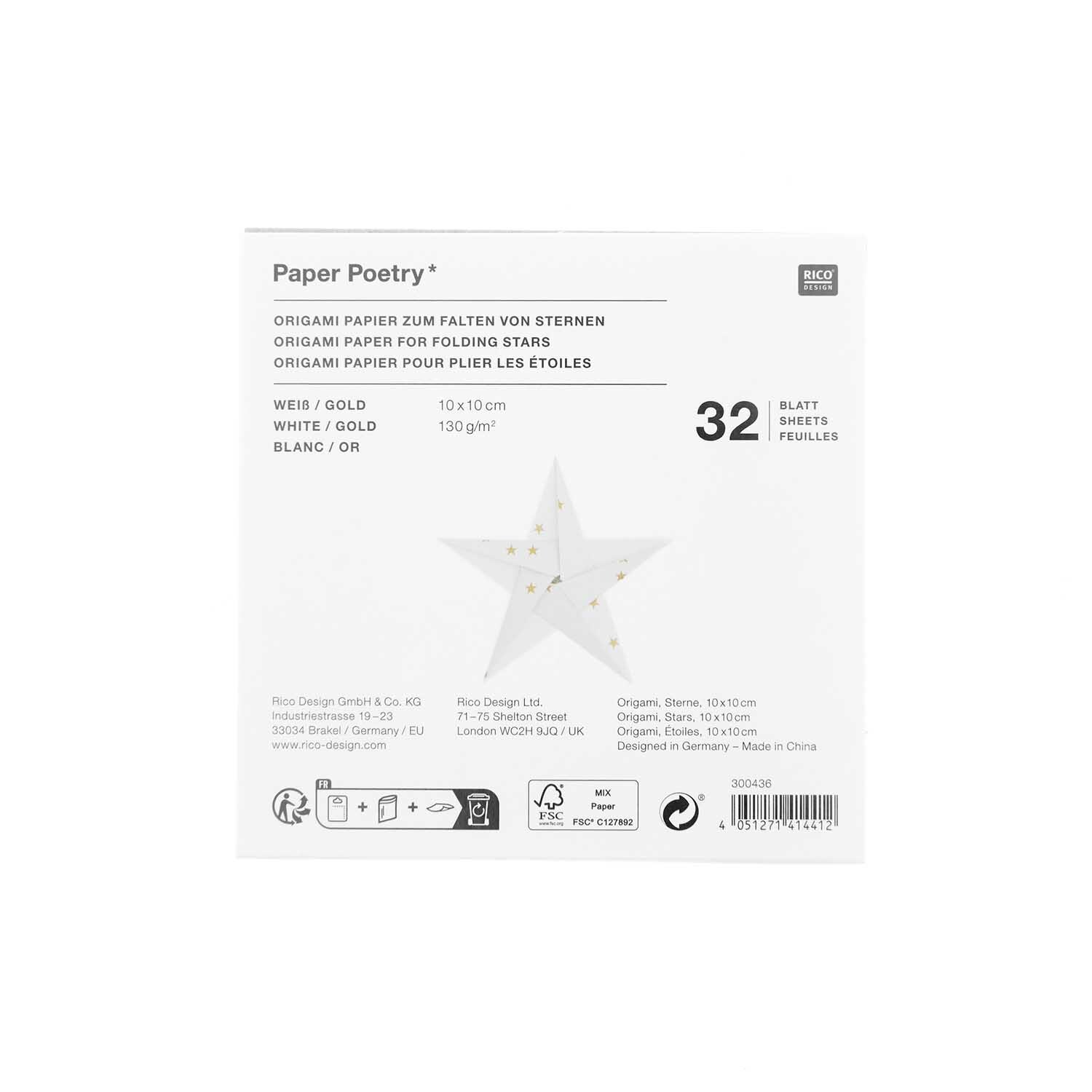 Paper Poetry Bascetta Origamipapier zeigt eine Packung mit 32 weißen und goldenen Blättern von Rico Design. Ideal zum Falten von Sternen.