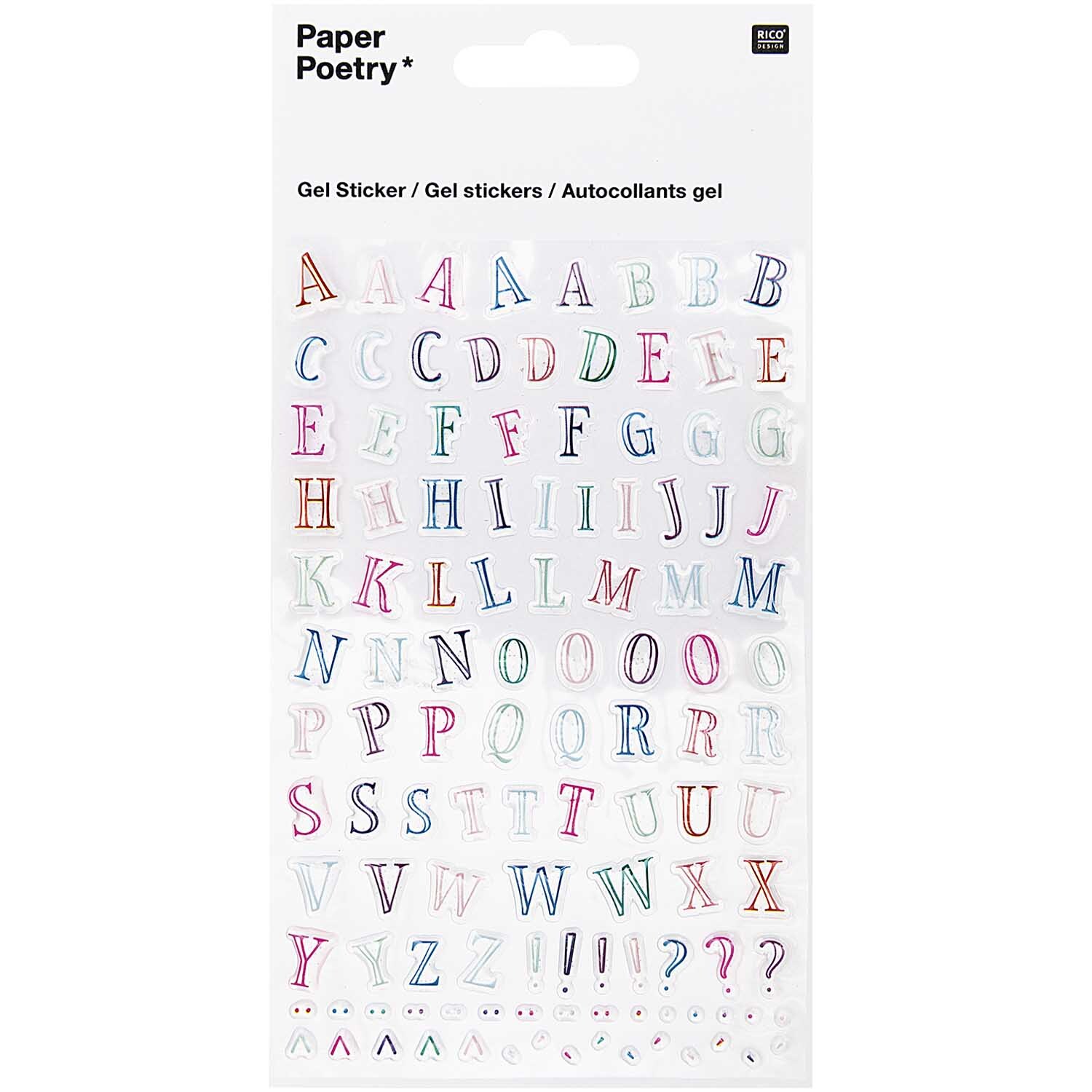 Paper Poetry Sticker Buchstaben graffity zeigt bunte Buchstabensticker von Rico Design auf weißem Hintergrund.