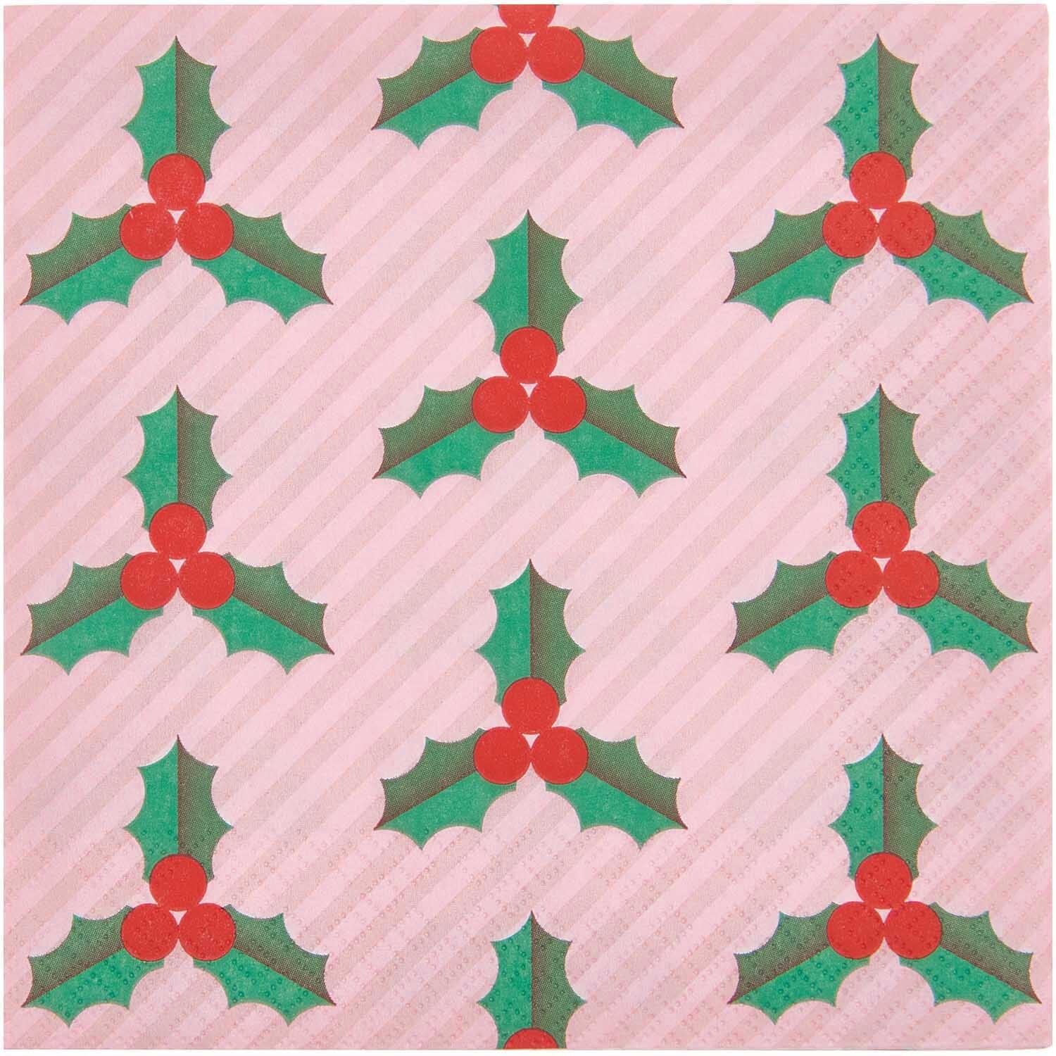 Servietten Ilex 33x33cm 20 Stück mit grün-rotem Ilex-Muster auf rosa Hintergrund von Rico Design.