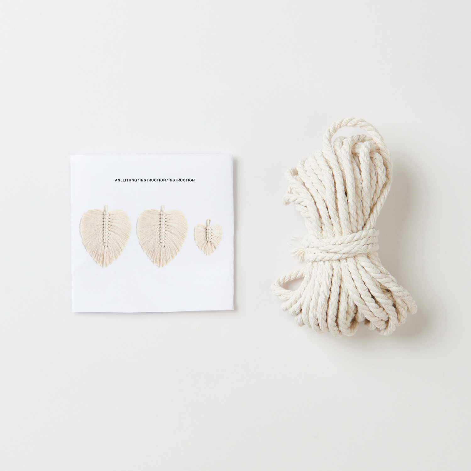 Set de macramé feuilles 3 pièces from Rico Design Makramee Set Blätter, 3 Stück: Anleitung und weißes Seil von Rico Design auf hellem Hintergrund.