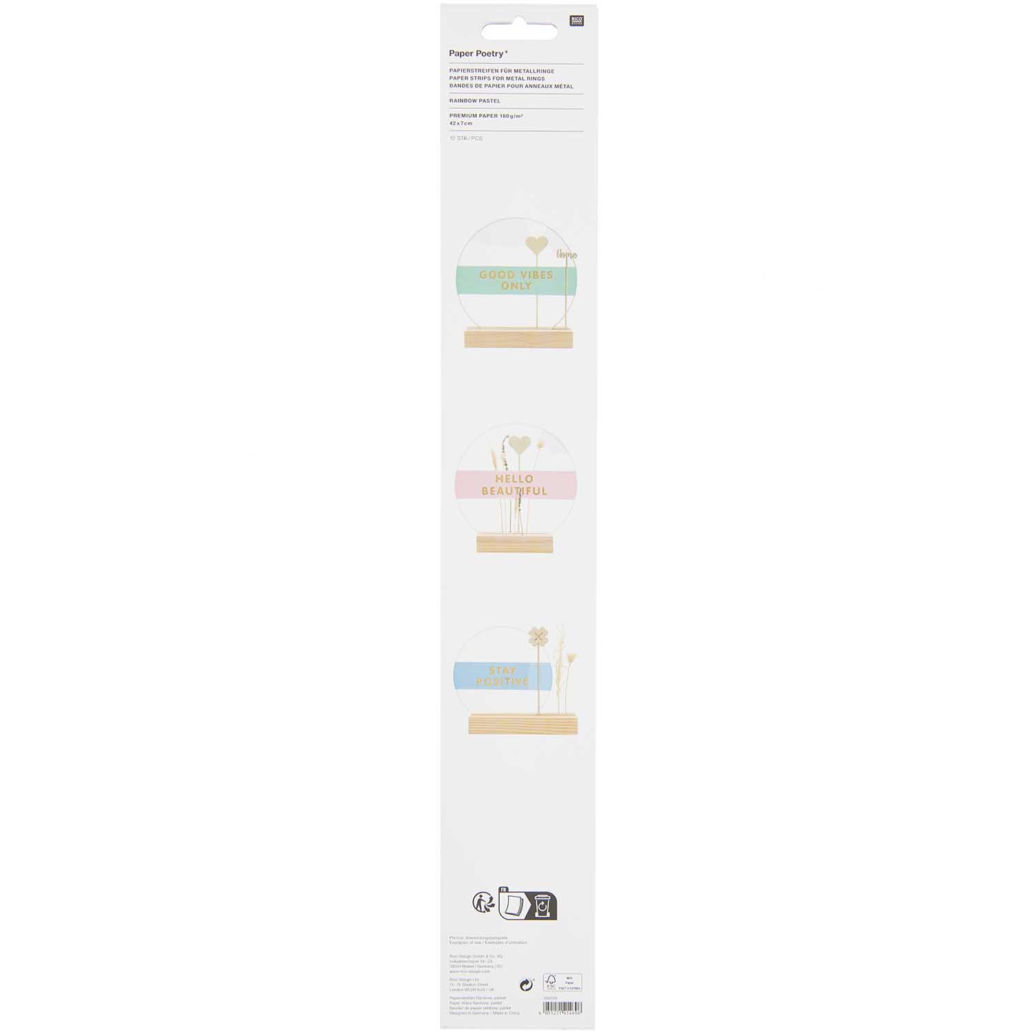 Paper Poetry Papierstreifen in 12 Farben, ideal für kreative Bastelprojekte. Verpackung zeigt pastellfarbene Streifen von Rico Design.