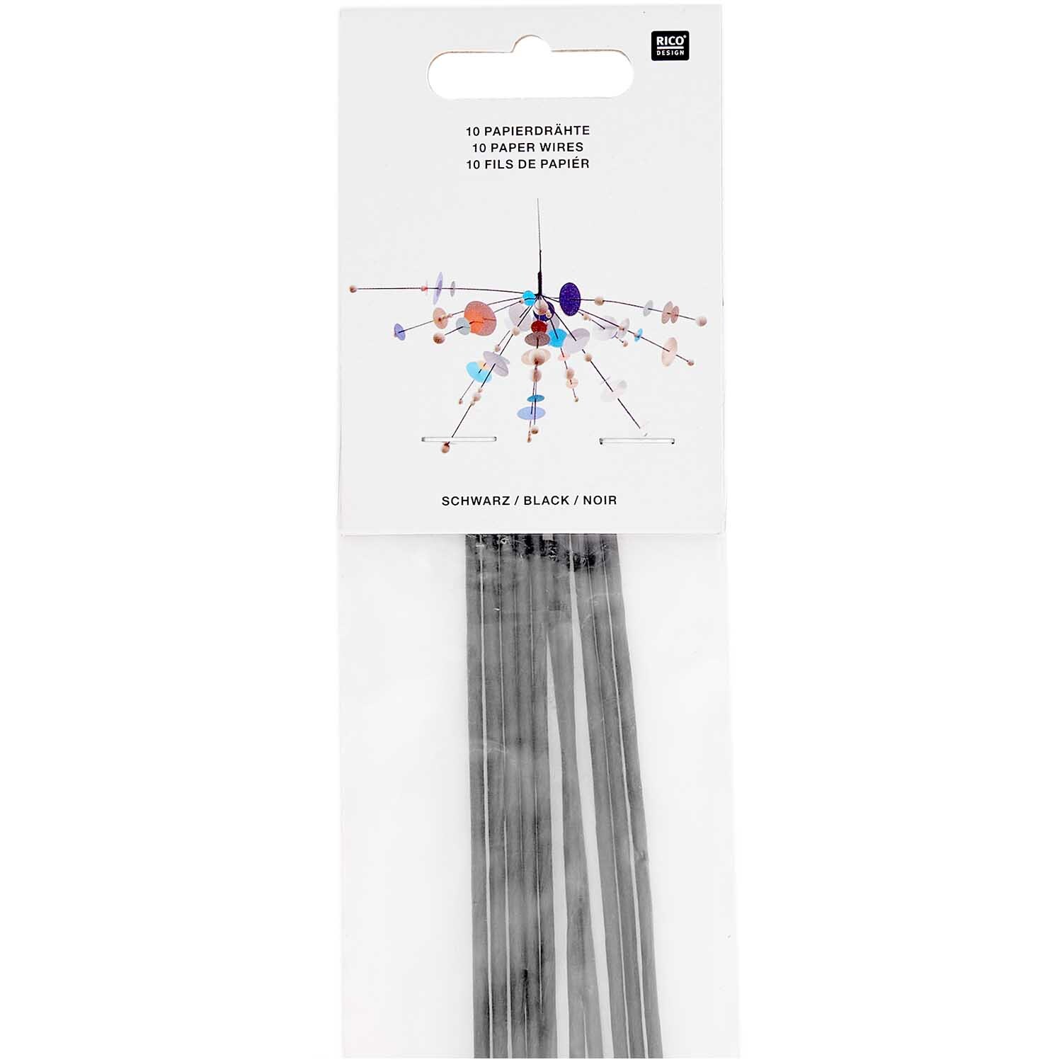 Papierdraht 1,8mm 1m 10 Stück Farbe Schwarz von Rico Design Papierdraht 1,8mm 1m 10 Stück von Rico Design in Schwarz, verpackt in einer transparenten Tüte.
