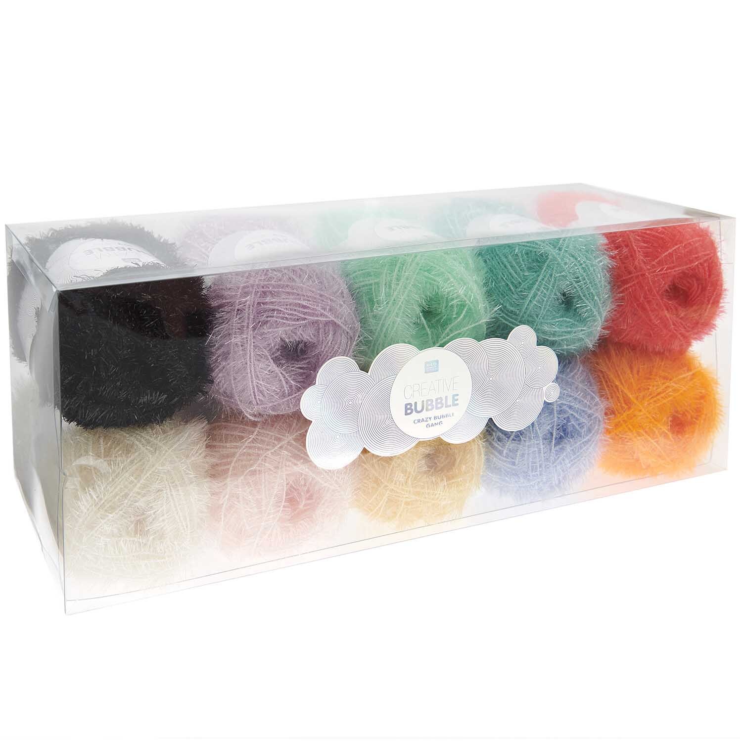Creative Bubble Set Crazy Bubble Gang: Bunte Garnrollen in einer transparenten Box, ideal für kreative Projekte.
