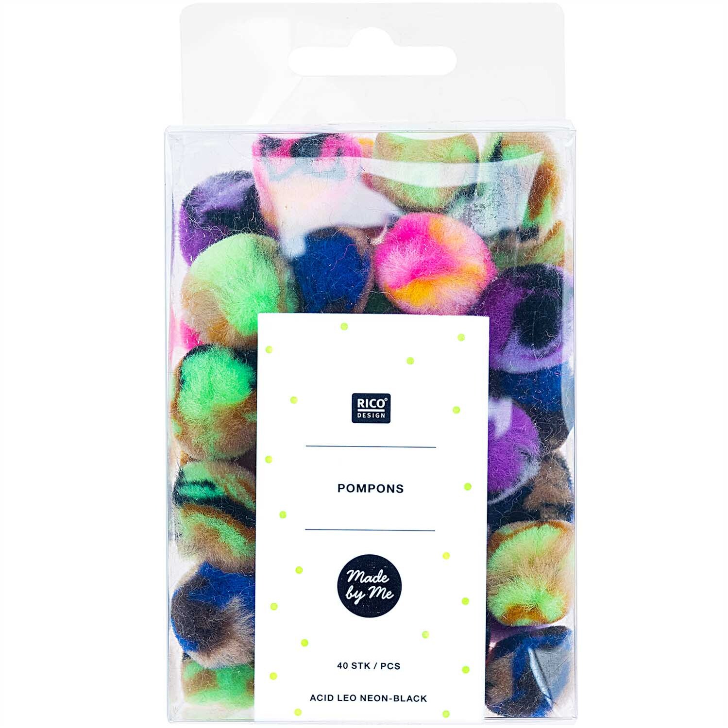 Pompons Acid Leo 25mm 40 Stück Farbe Neon-Schwarz von Rico Design Pompons Acid Leo 25mm 40 Stück von Rico Design in leuchtenden Neon-Schwarz-Tönen in einer transparenten Verpackung.