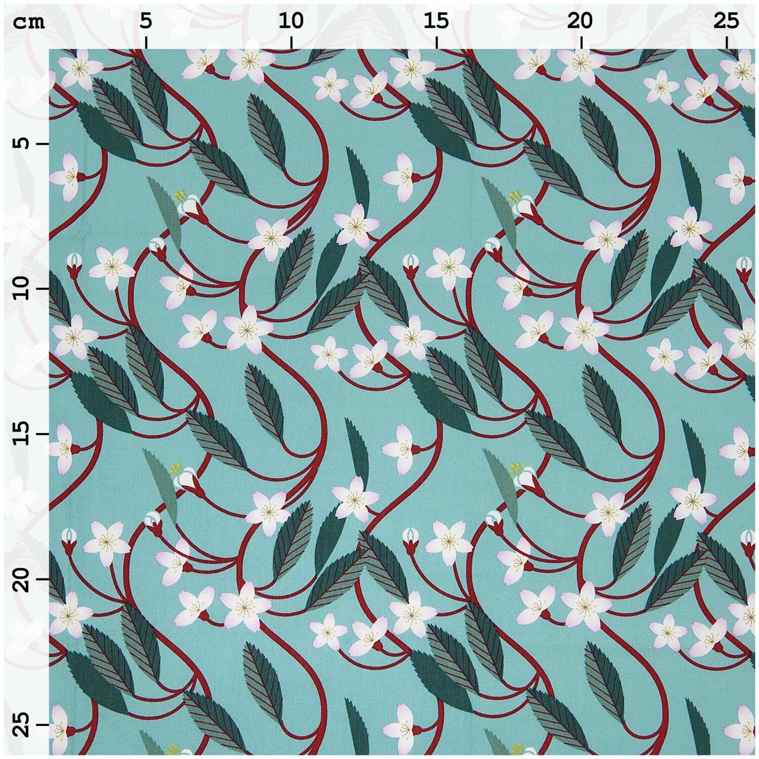 Meterware Baumwoll-Popelin türkis Kirschblüten von Rico Design