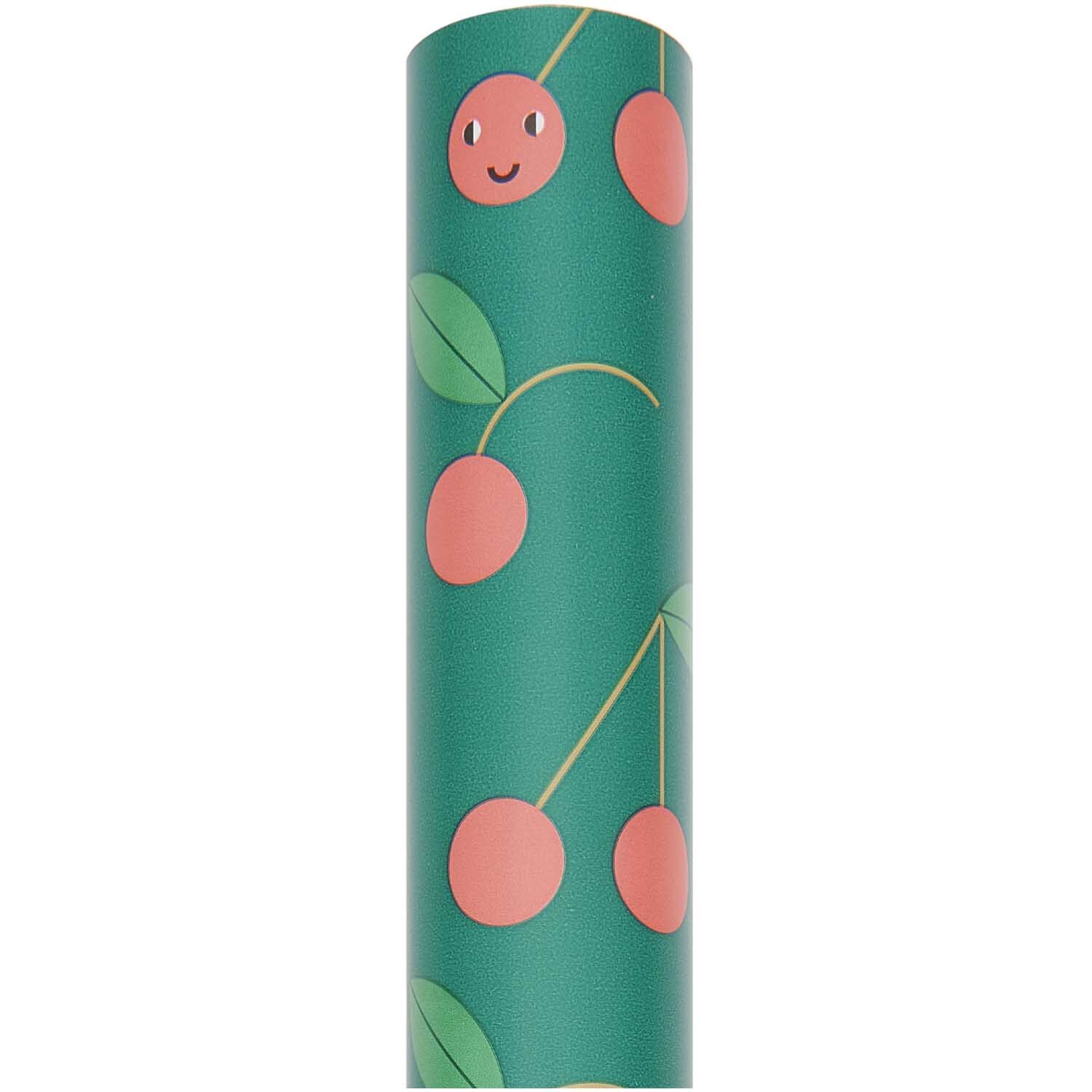Paper Poetry Geschenkpapier mit fröhlichen Kirschen auf grünem Hintergrund, 200x70cm, 80g/m². Ideal für kreative Verpackungen.