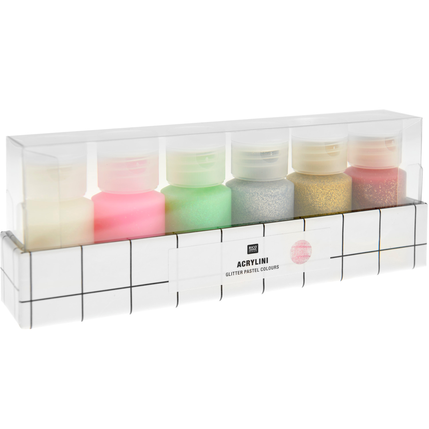 Acrylini Acrylfarben Set Glitter Pastel Colours zeigt sechs Tuben mit glitzernden Pastellfarben von Rico Design, ideal für kreative Projekte.