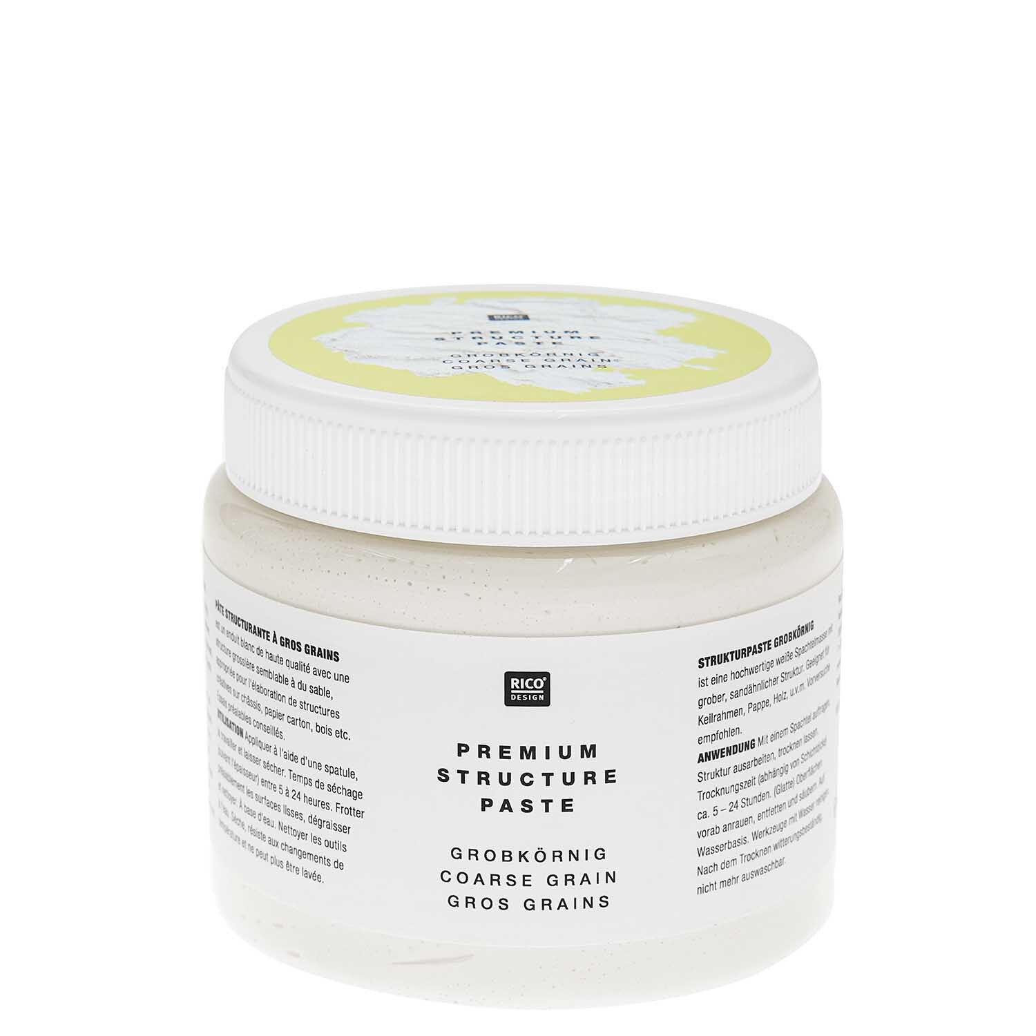 ART Premium Strukturpaste grobkörnig von Rico Design in einem weißen Behälter mit gelbem Deckel. Ideal für kreative Projekte.
