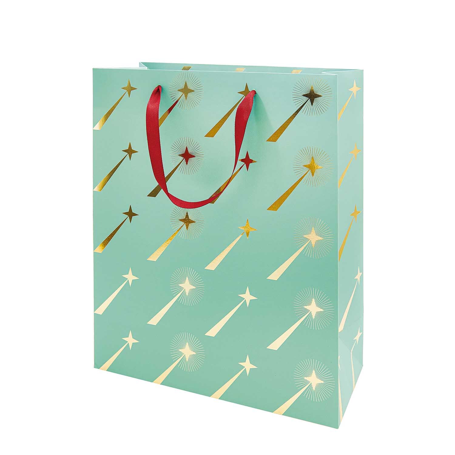 Paper Poetry Geschenktüte mit Sternschnuppenmotiv, türkis, von Rico Design. Rote Griffe ergänzen das Design.