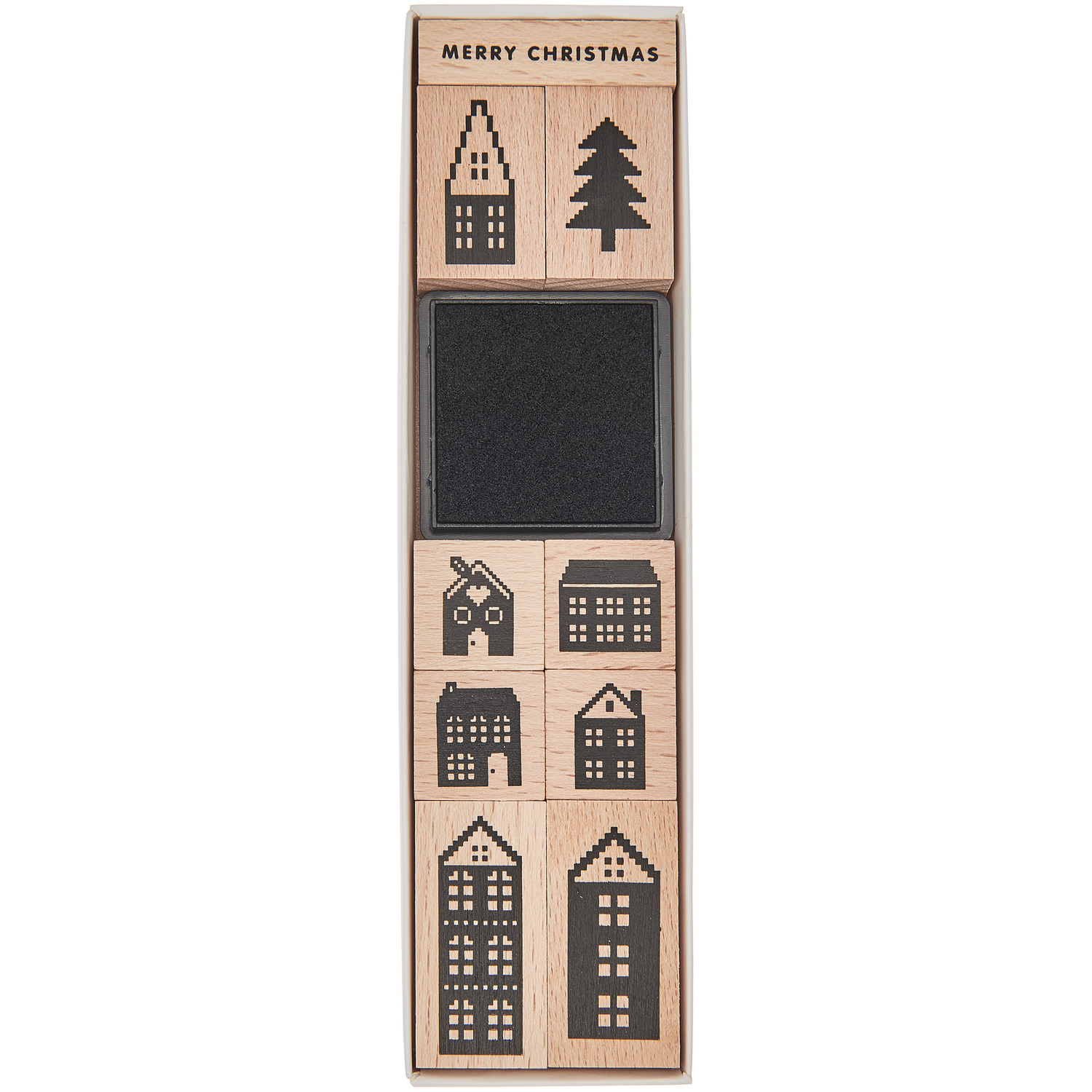 Paper Poetry Stempelset Häuser, 10-teilig, von Rico Design. Enthält verschiedene Hausmotive und einen Tannenbaum. Ideal für kreative Weihnachtsprojekte.