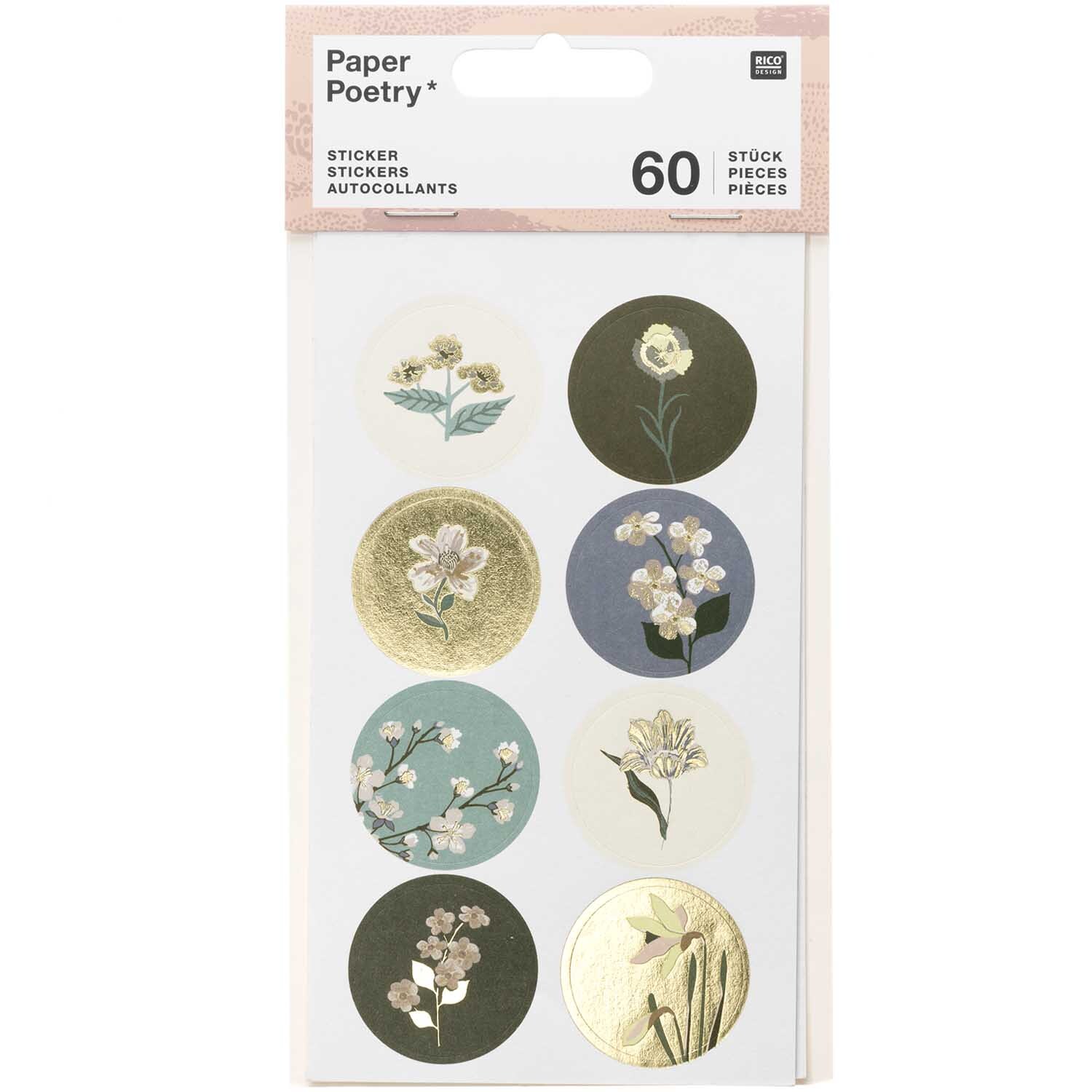 Paper Poetry Sticker Nature Matters zeigt florale Motive auf grünem Hintergrund, 60 Stück von Rico Design.