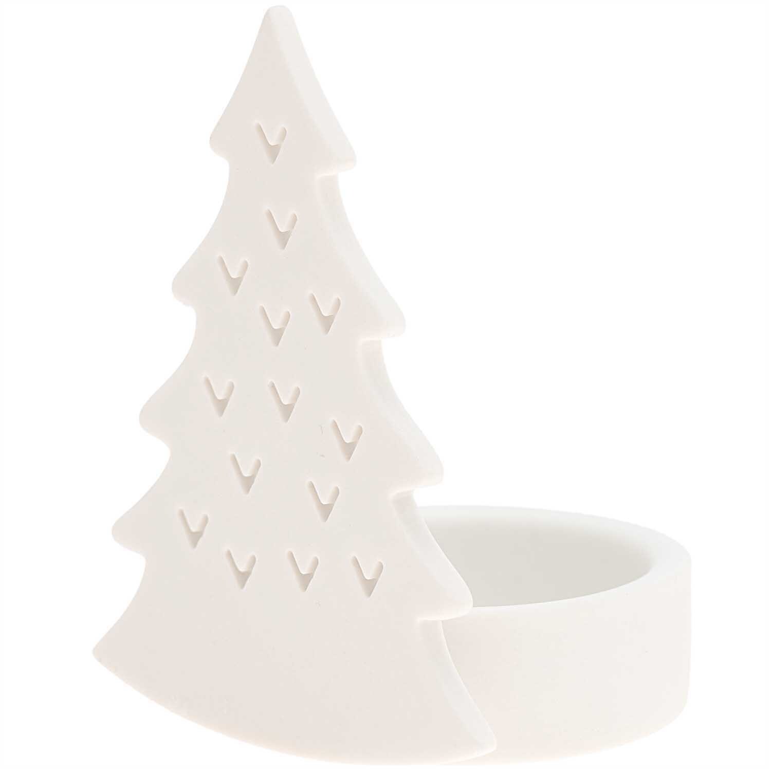 Teelichthalter Tannenbaum aus Keramik in Form eines stilisierten Baumes, ideal für festliche Dekorationen. Marke: Rico Design.