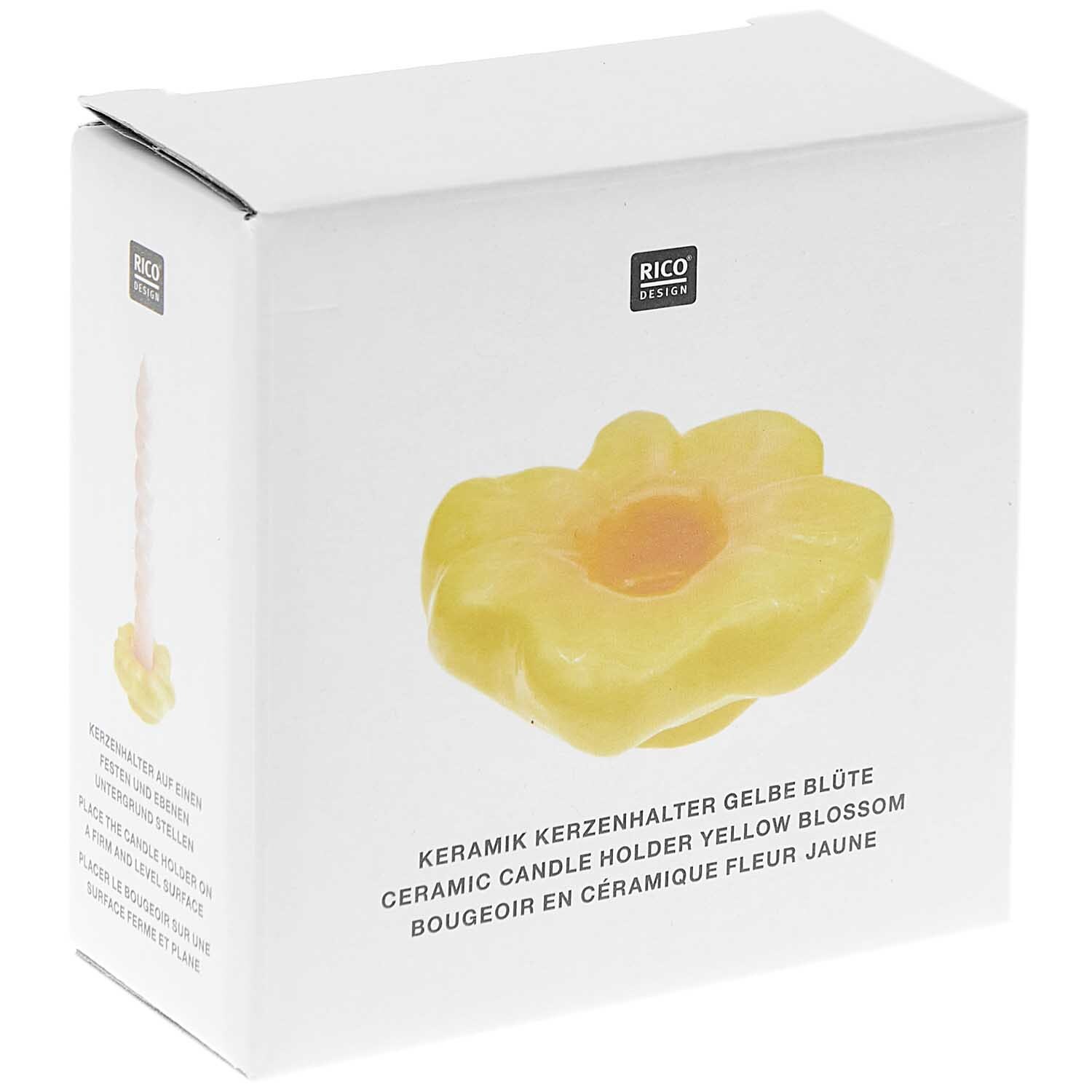 Keramik Kerzenhalter gelbe Blüte von Rico Design in Blütenform, präsentiert in einer weißen Verpackung.