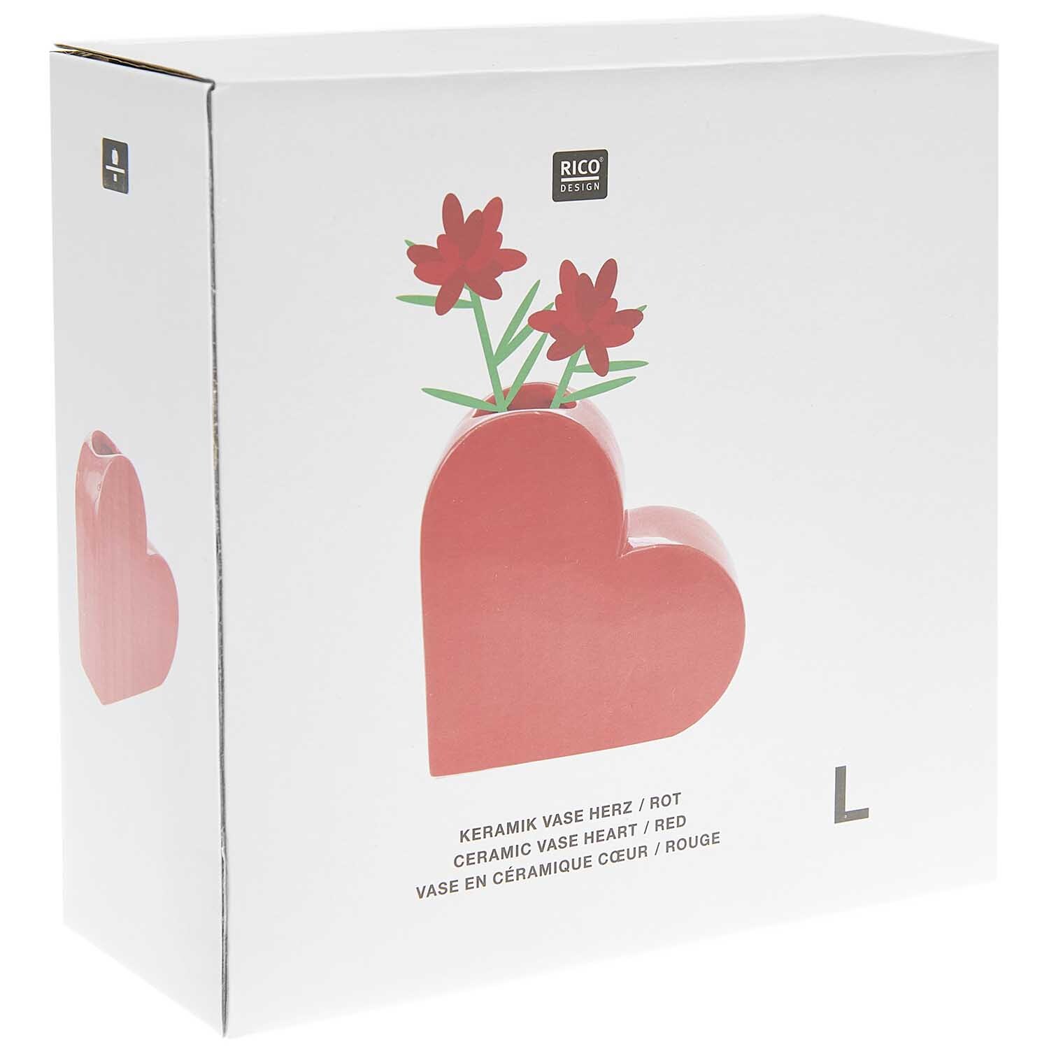 Keramik Vase Herz groß 16x6x16cm Farbe Rot von Rico Design Keramik Vase Herz groß 16x6x16cm von Rico Design in Herzform mit roten Blumen auf weißem Hintergrund.