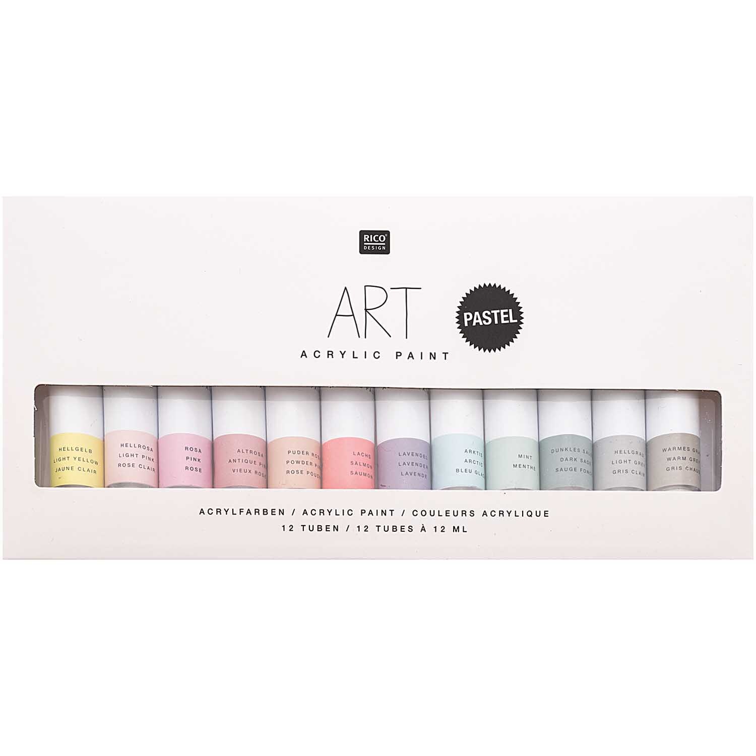ART Künstler Acrylfarben-Set Pastell zeigt 12 Tuben in sanften Farbtönen von Rico Design. Ideal für kreative Projekte.