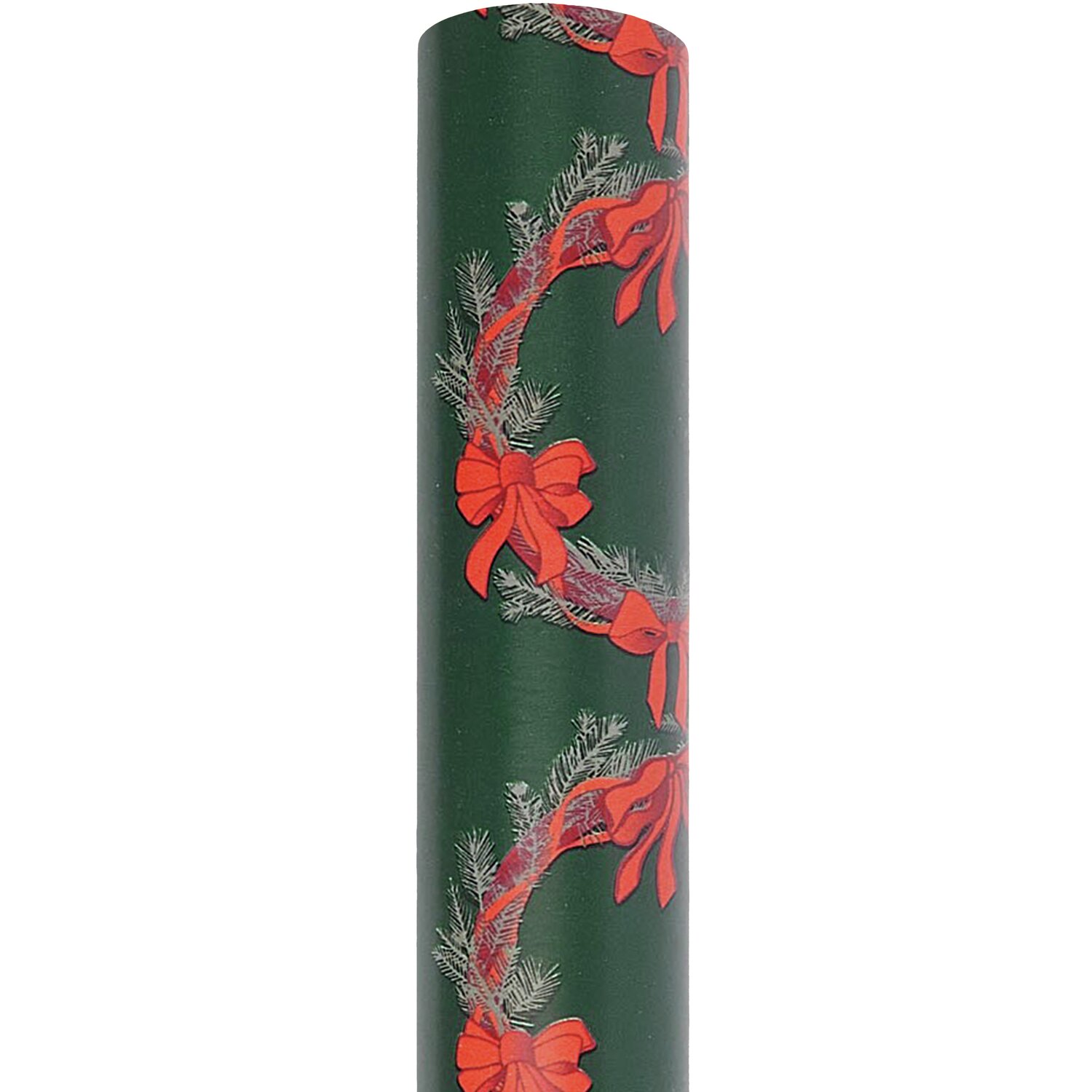 Geschenkpapier mit Schleifen und Kränzen von Rico Design, dunkelgrün mit roten Schleifenmotiven.