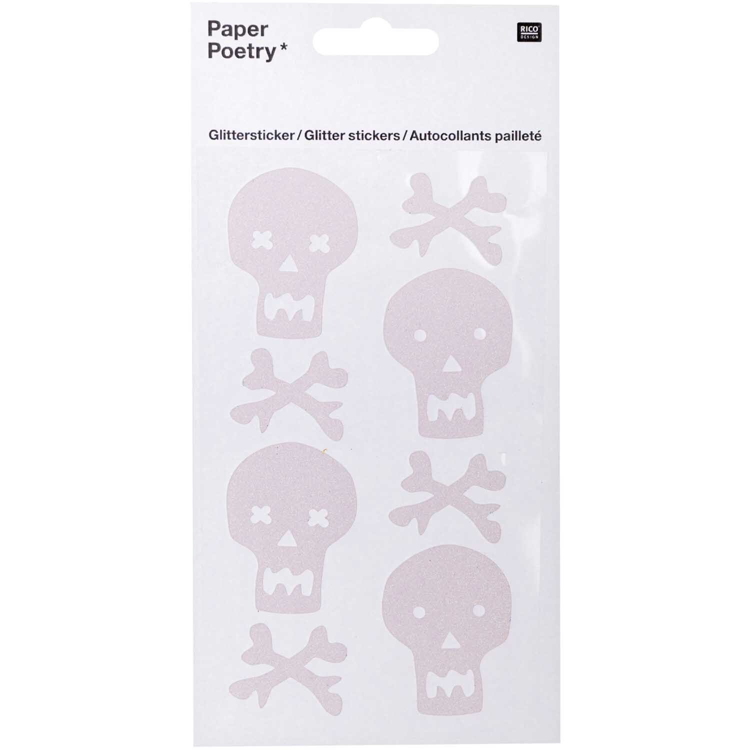 Paper Poetry Glittersticker Totenschädel von Rico Design: Sechs rosa Schädel- und Knochensticker auf weißem Hintergrund.