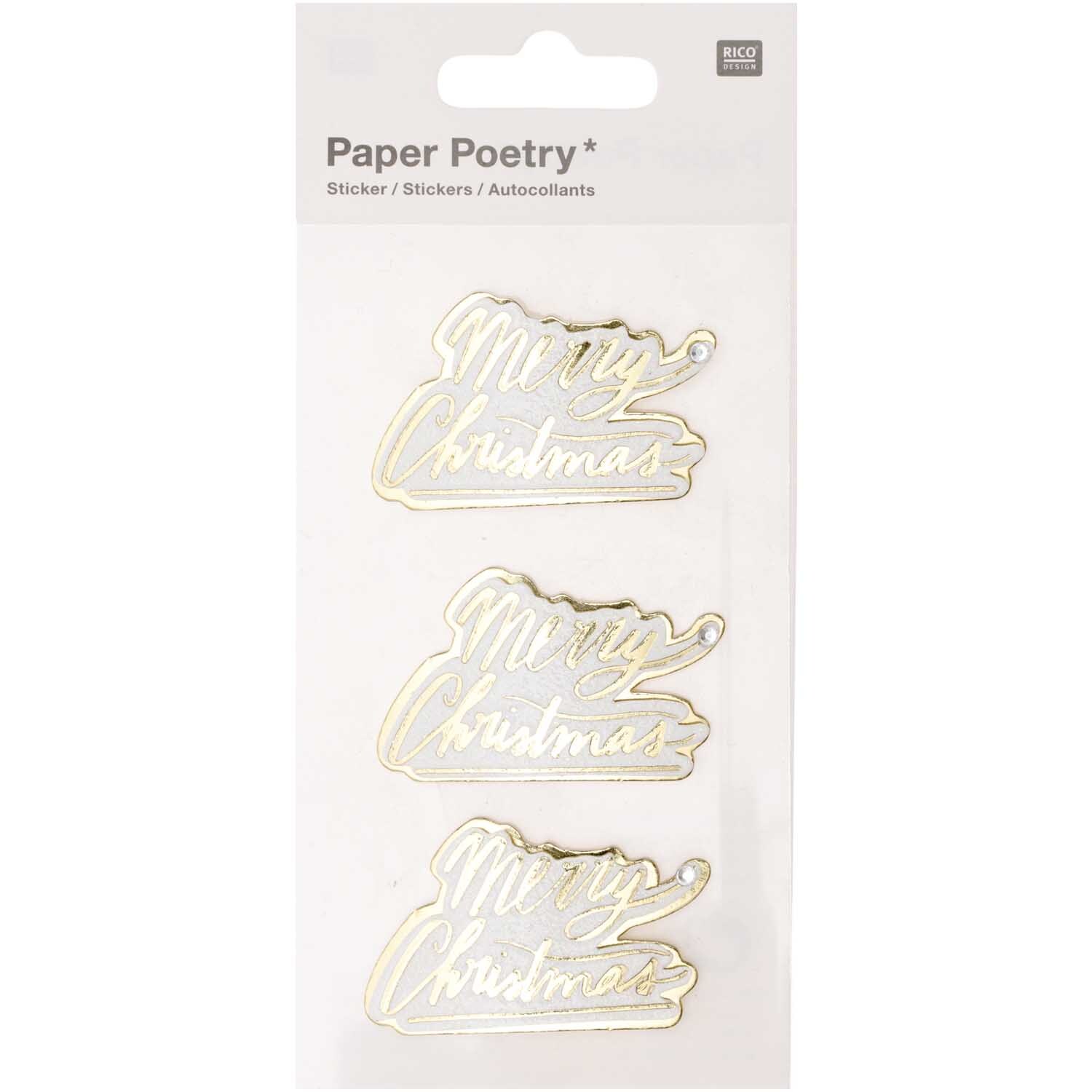 Paper Poetry 3D-Sticker Merry Christmas von Rico Design, drei goldene Schriftzüge auf weißem Hintergrund. Perfekt für festliche Dekorationen.