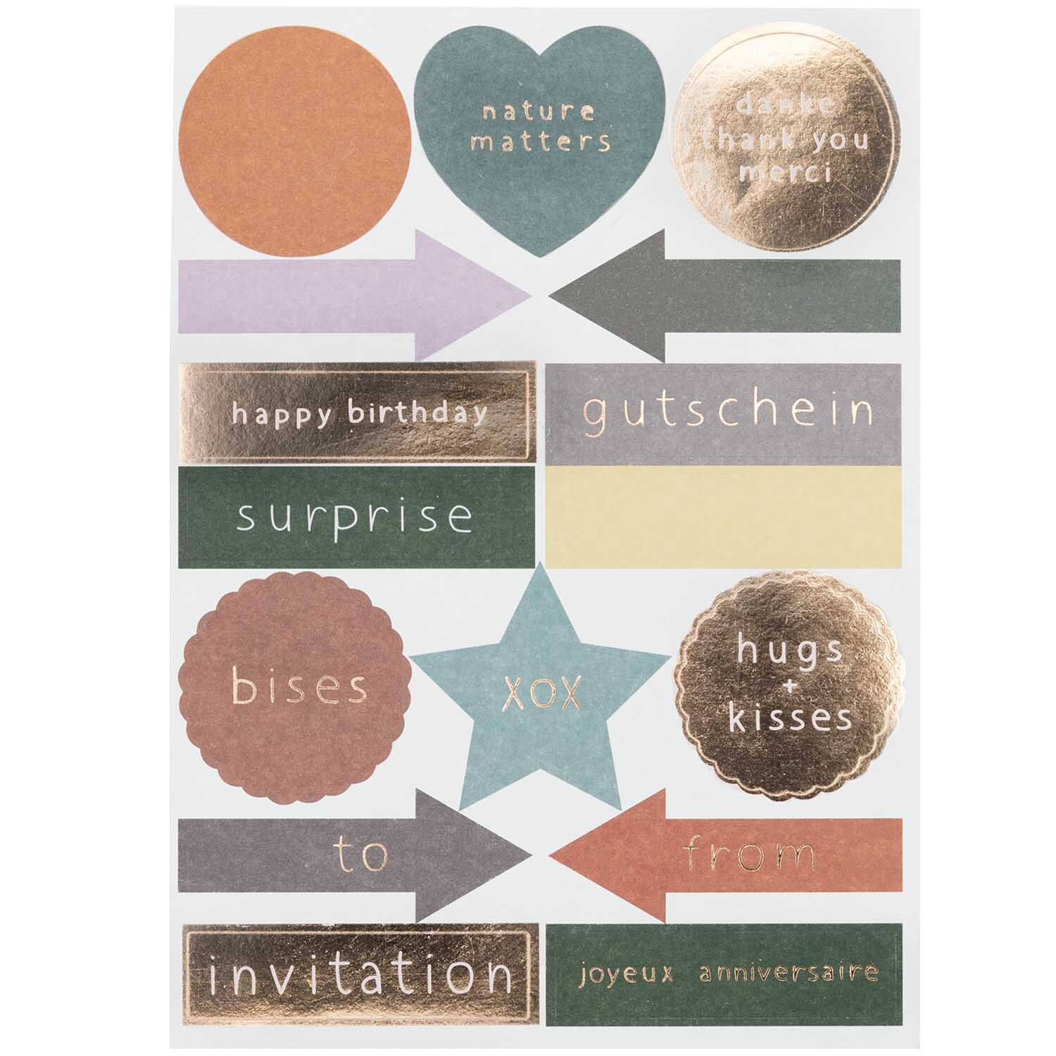 Paper Poetry Grußkartenset Primel gelb mit bunten Aufklebern und Texten wie "happy birthday" und "gutschein". Ideal für kreative Grüße.