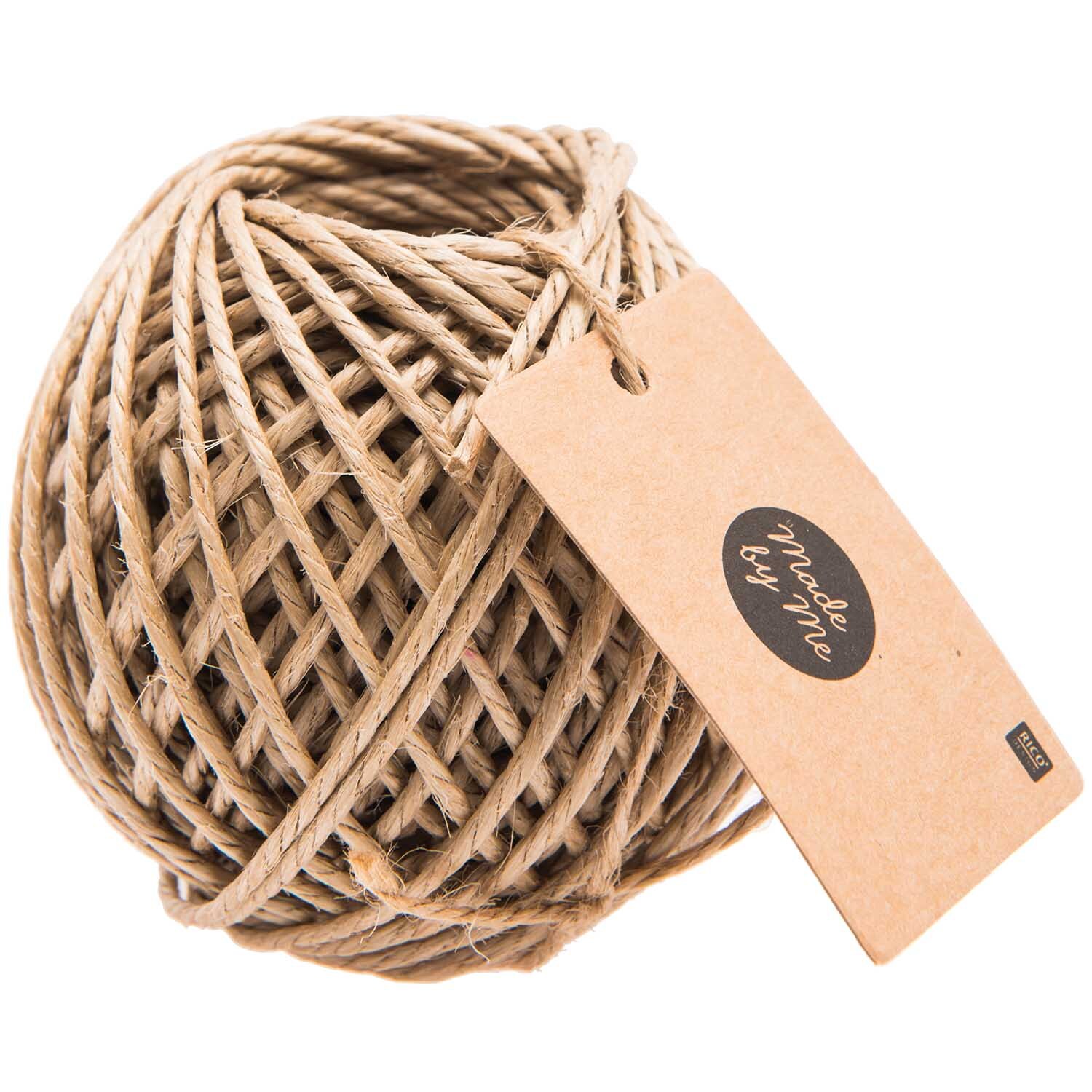 Juteschnur beschichtet natur 3mm 25m von Rico Design, aufgerollt mit Etikett, ideal für Bastelprojekte.