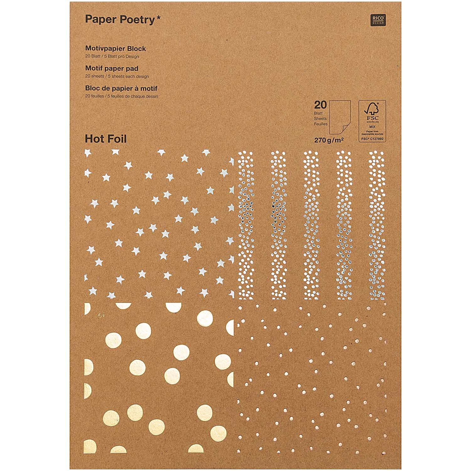 Paper Poetry Kraftpapier Block mit Hot Foil Punkten und Sternen, 20 Blatt, 270g/m², von Rico Design.