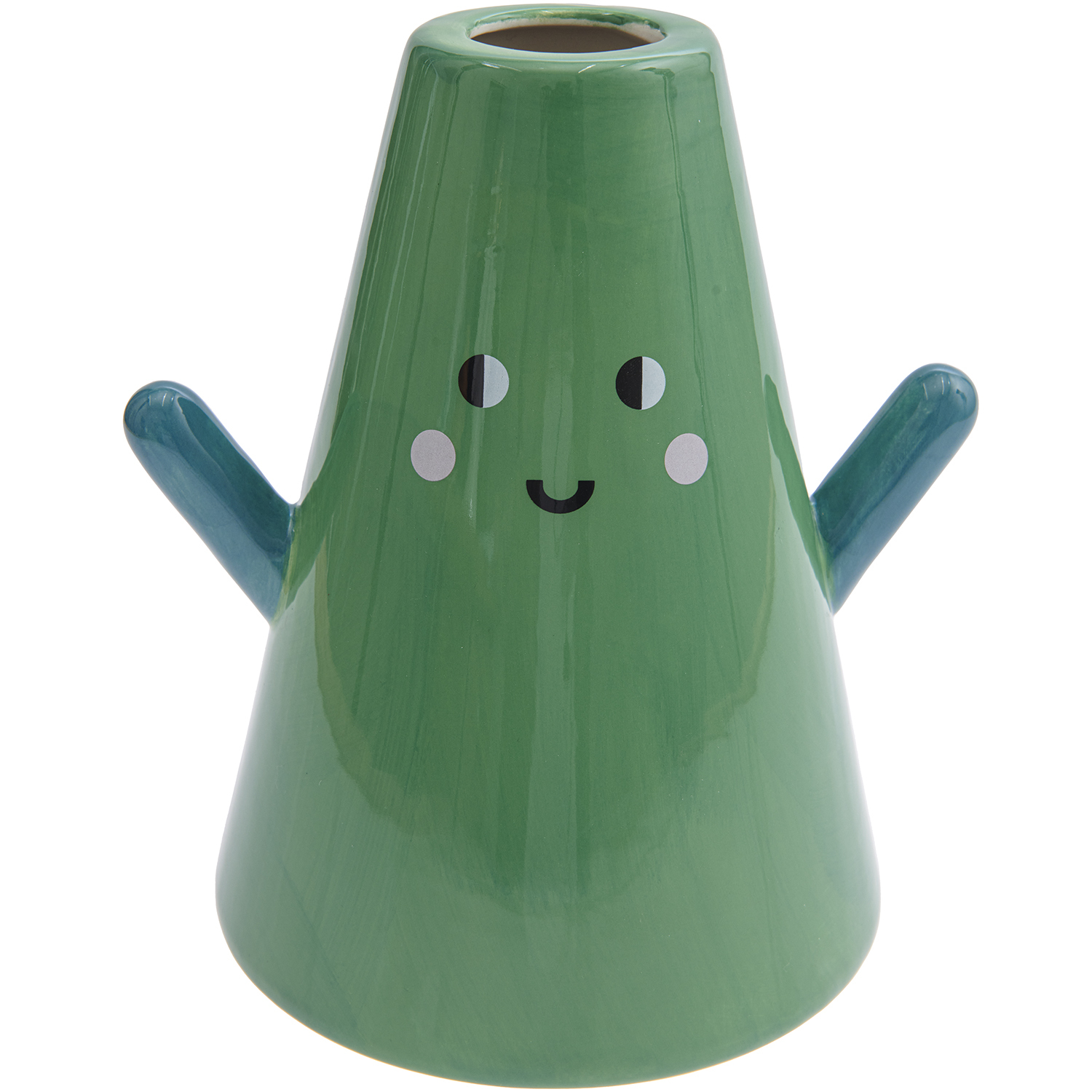 Keramik Vase Tanne grün 20cm von Rico Design mit fröhlichem Gesicht und blauen Armen.