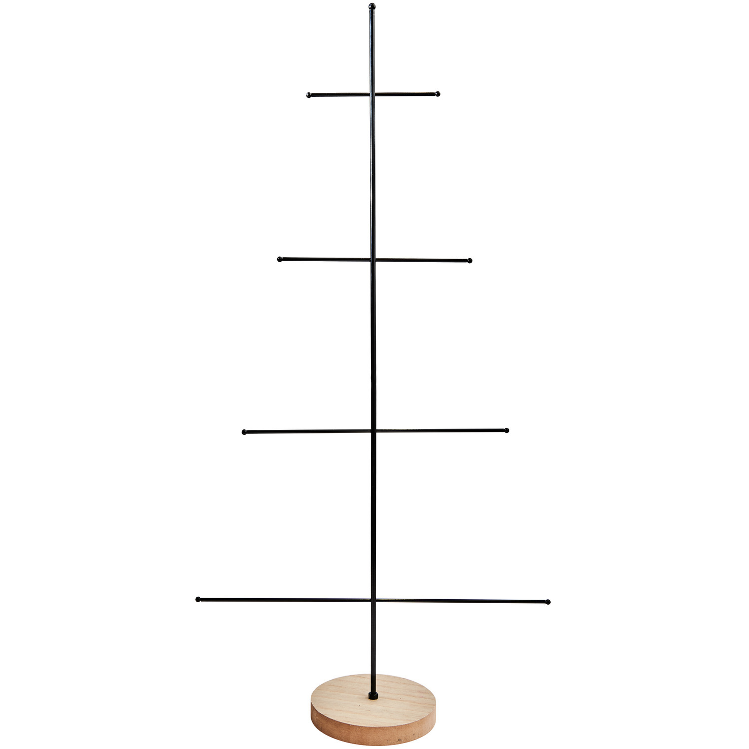 Metall-Tannenbaum mit Holzsockel von Rico Design: Schwarzer Baum auf rundem Holzsockel, minimalistisches Design.