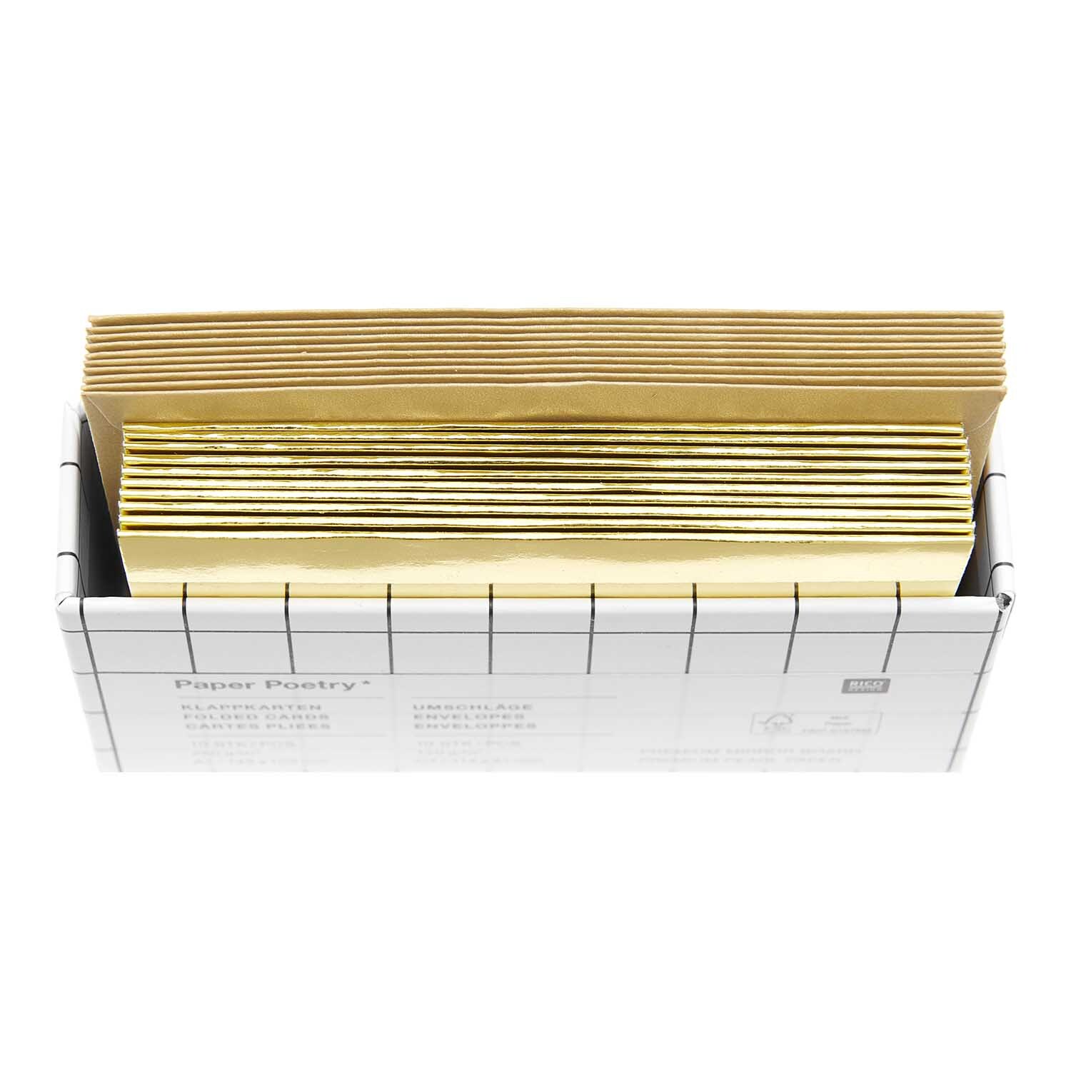 Paper Poetry Kartenset Spiegelkarton gold A7/C7 20-teilig von Rico Design Paper Poetry Kartenset Spiegelkarton gold A7/C7, 20-teilig, in einer Box mit glänzenden Karten. Ideal für kreative Projekte.