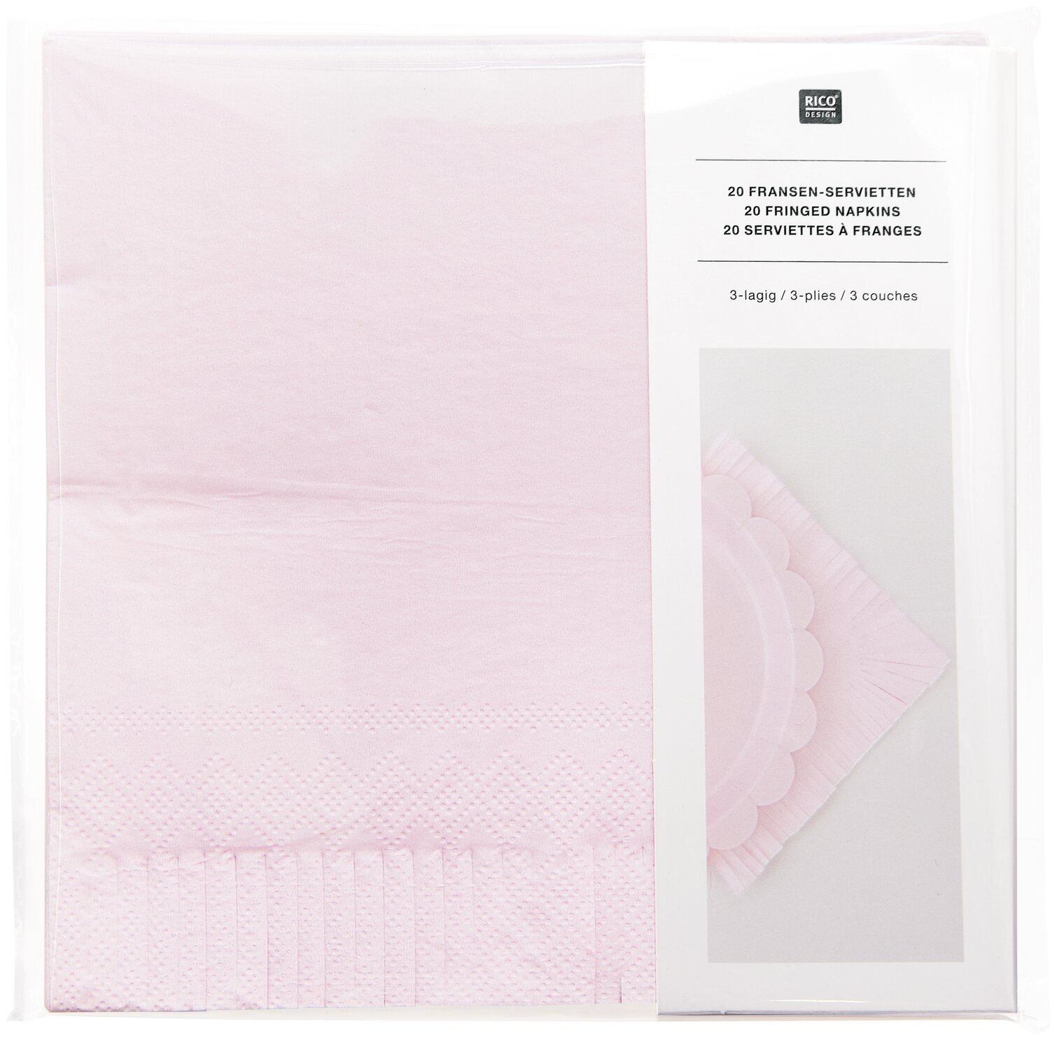 Serviettes à franges 33x33cm 20 pièces Couleur Rose from Rico Design Servietten Fransen, 33x33cm, 20 Stück, in zartem Rosa von Rico Design, dreilagig für stilvolle Tischdekoration.