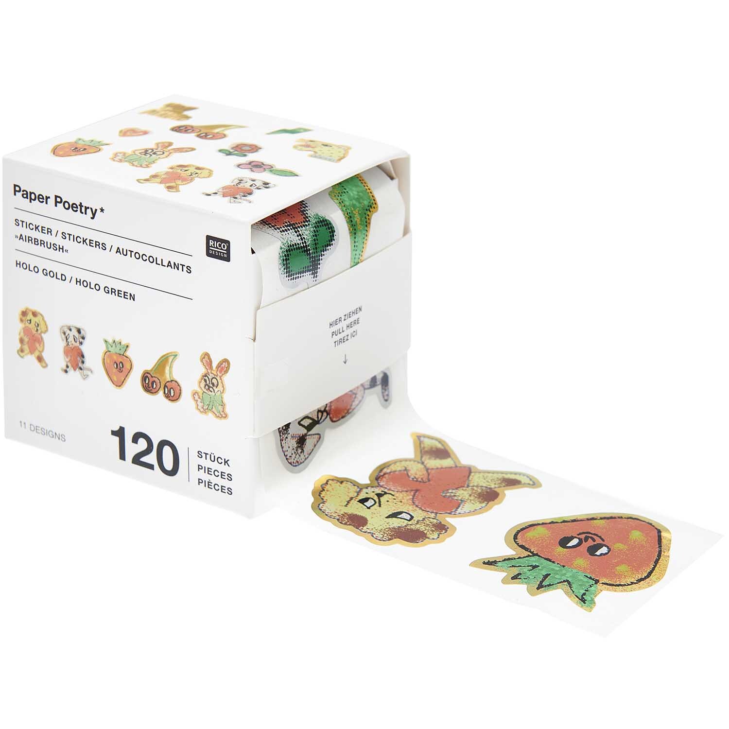 Paper Poetry Sticker Airbrush Ø 5cm 120 Stück auf der Rolle. Bunte, lustige Motive auf einer Rolle, ideal für kreative Bastelprojekte.