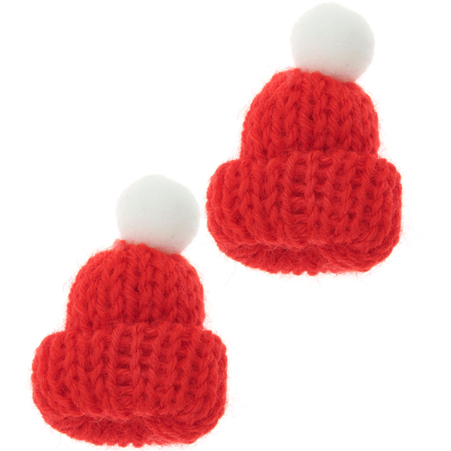 Miniatur Strickmütze von Rico Design in leuchtendem Rot, 2 Stück mit weißem Bommel.