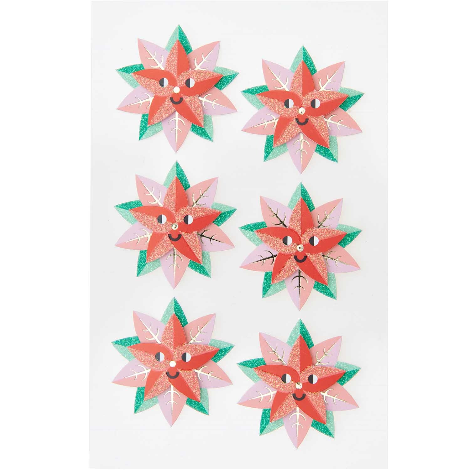 Paper Poetry 3D Sticker Weihnachtsstern von Rico Design zeigt sechs lächelnde Weihnachtssterne in Rot und Grün auf weißem Hintergrund.