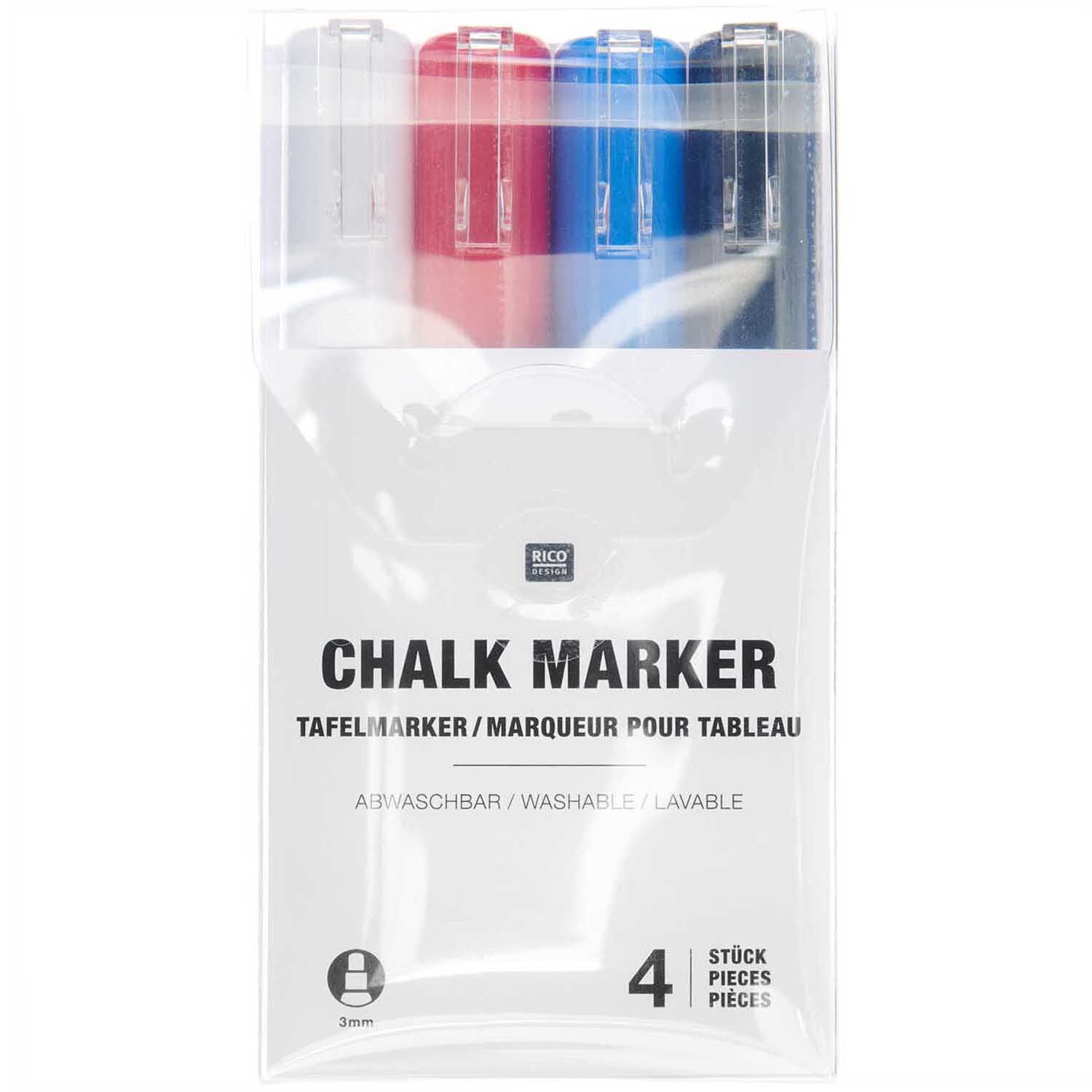 Kreidestift Flüssigkreide Set maritim von Rico Design, 4 Farben, 3mm Spitze, in transparenter Verpackung.