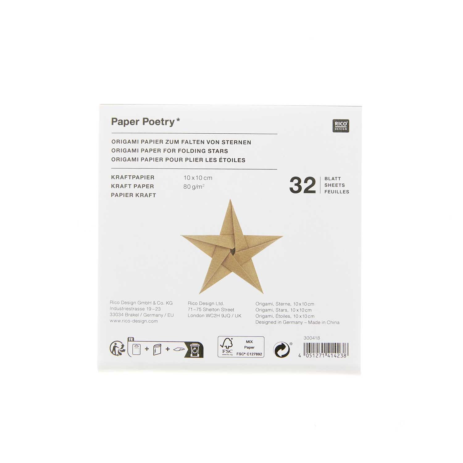 Paper Poetry Bascetta Origamipapier von Rico Design zeigt 32 Blatt Kraftpapier mit Sternmotiv. Ideal zum Falten von Sternen und kreativen Projekten.