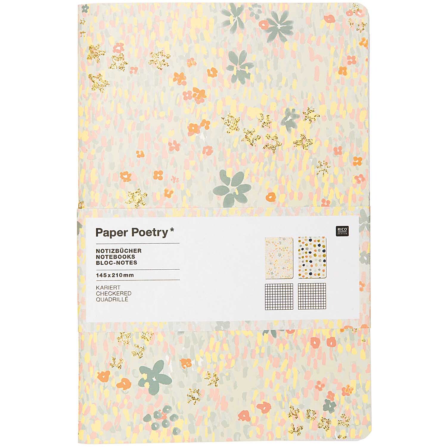 Paper Poetry Notizbücher mit floralem Muster in sanften Farben, ideal für kreative Notizen.