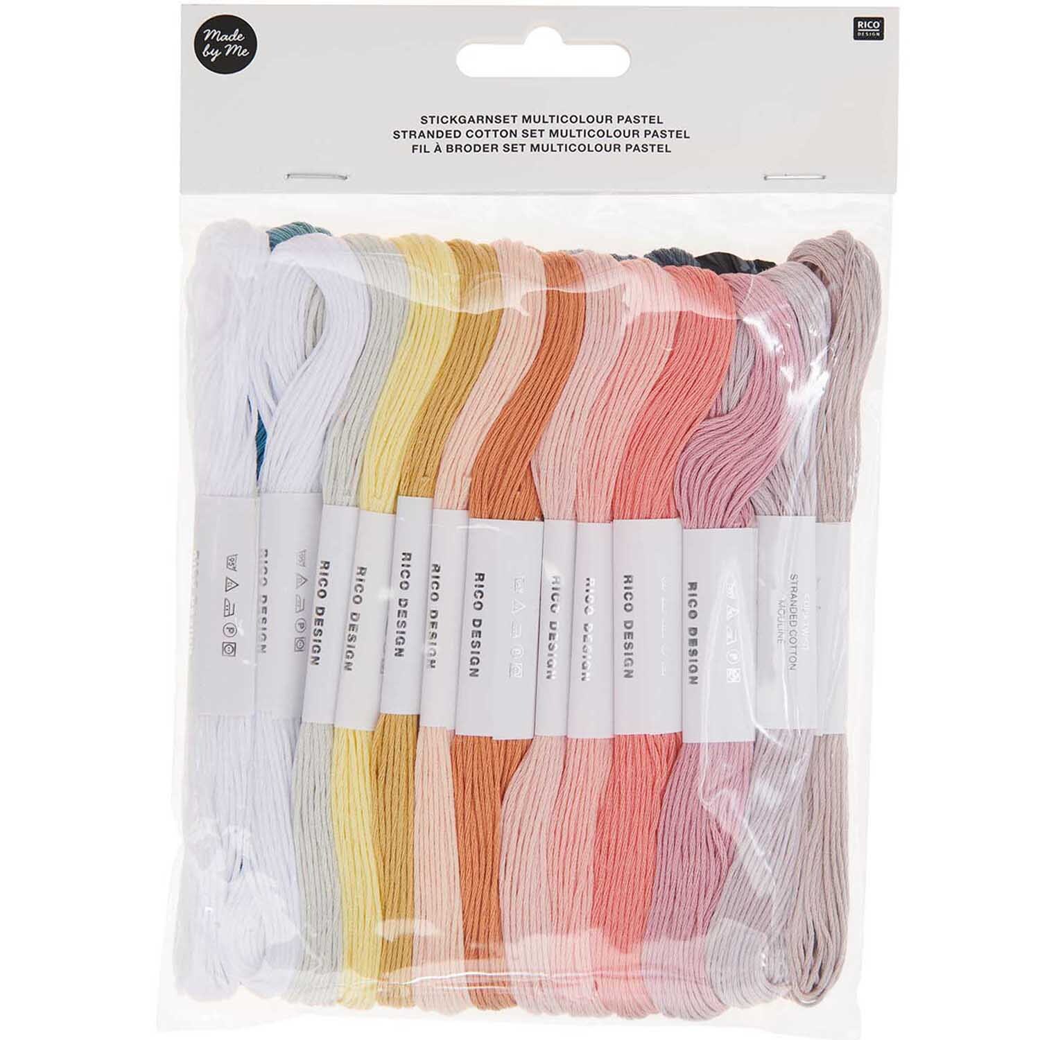 Stickgarn Set Multicolour Pastell, 24-teilig von Rico Design. Verschiedene Pastelltöne in einer transparenten Verpackung.