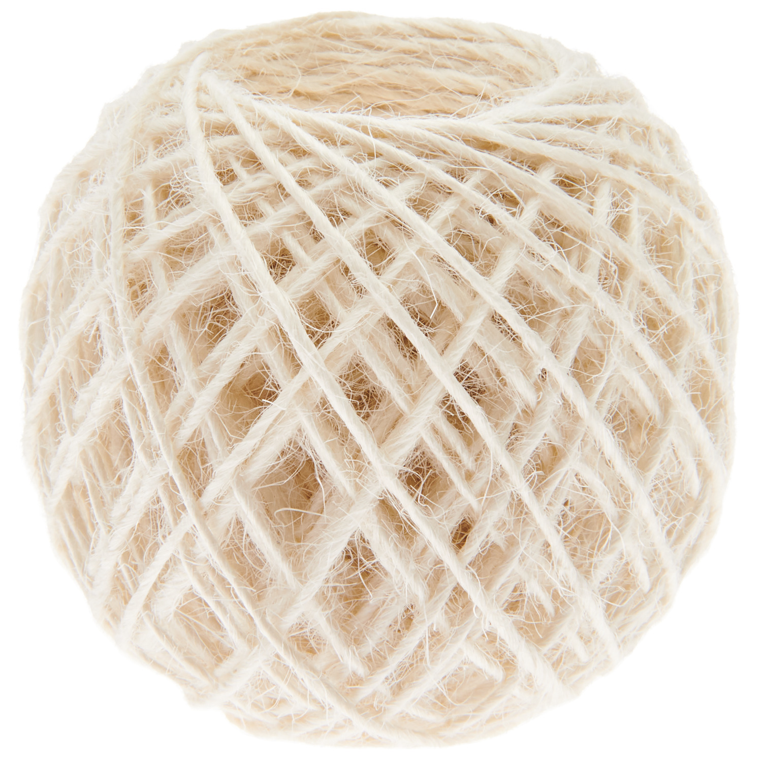 Juteschnur 1mm 50m von Rico Design in Creme, aufgerollt zu einem kompakten Ballen. Ideal für kreative Projekte und Dekorationen.