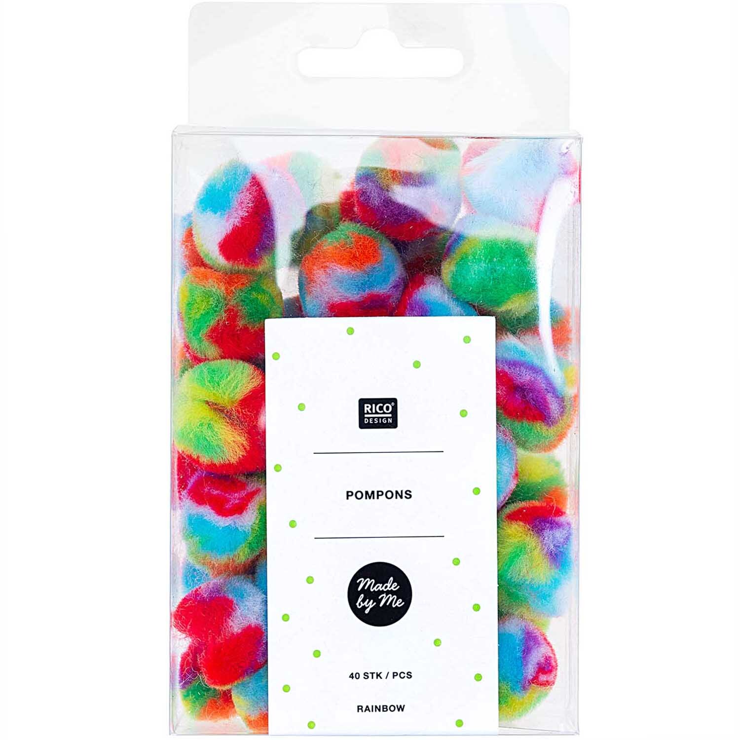 Pompons Regenbogen 25mm 40 Stück Farbe Klassisch von Rico Design Pompons Regenbogen 25mm 40 Stück von Rico Design in einer transparenten Verpackung, ideal für kreative Bastelprojekte.