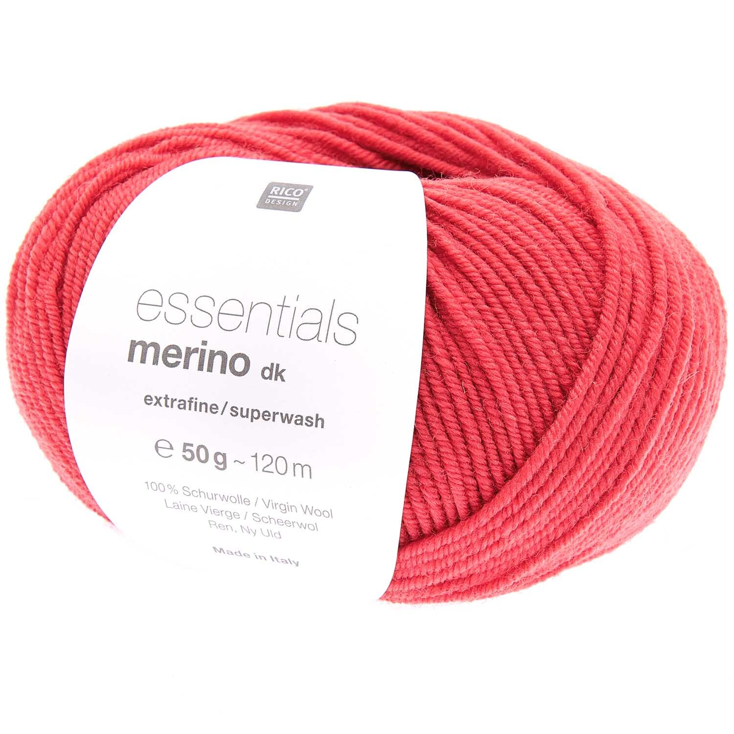 Essentials Merino dk 50g 120m Couleur Rouge carmin from Rico Design Essentials Merino dk Wolle in Karminrot von Rico Design, ideal für Strickprojekte, 50g Knäuel.