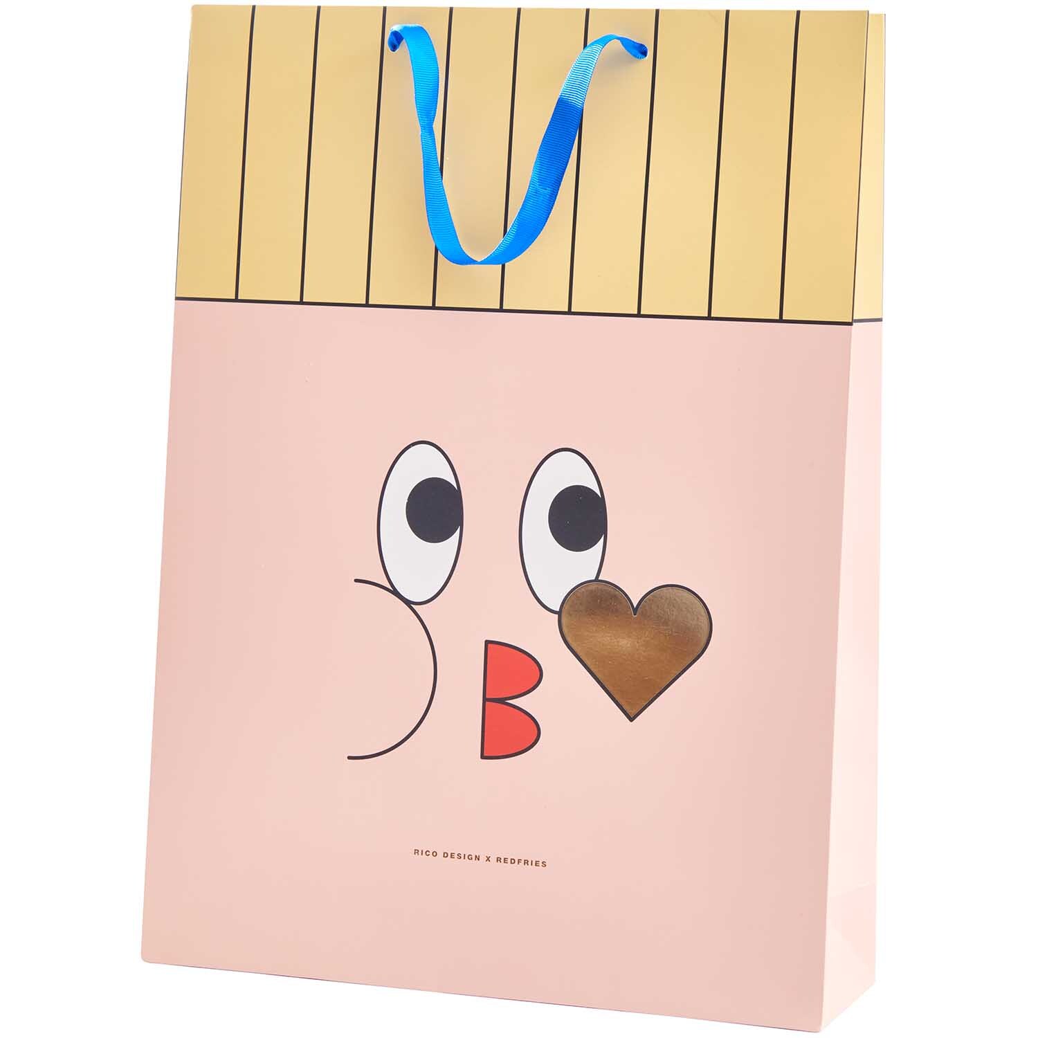 Rico Design x Redfries Geschenktüte mit Augen- und Herzmotiv, rosa Hintergrund, blaue Griffe.