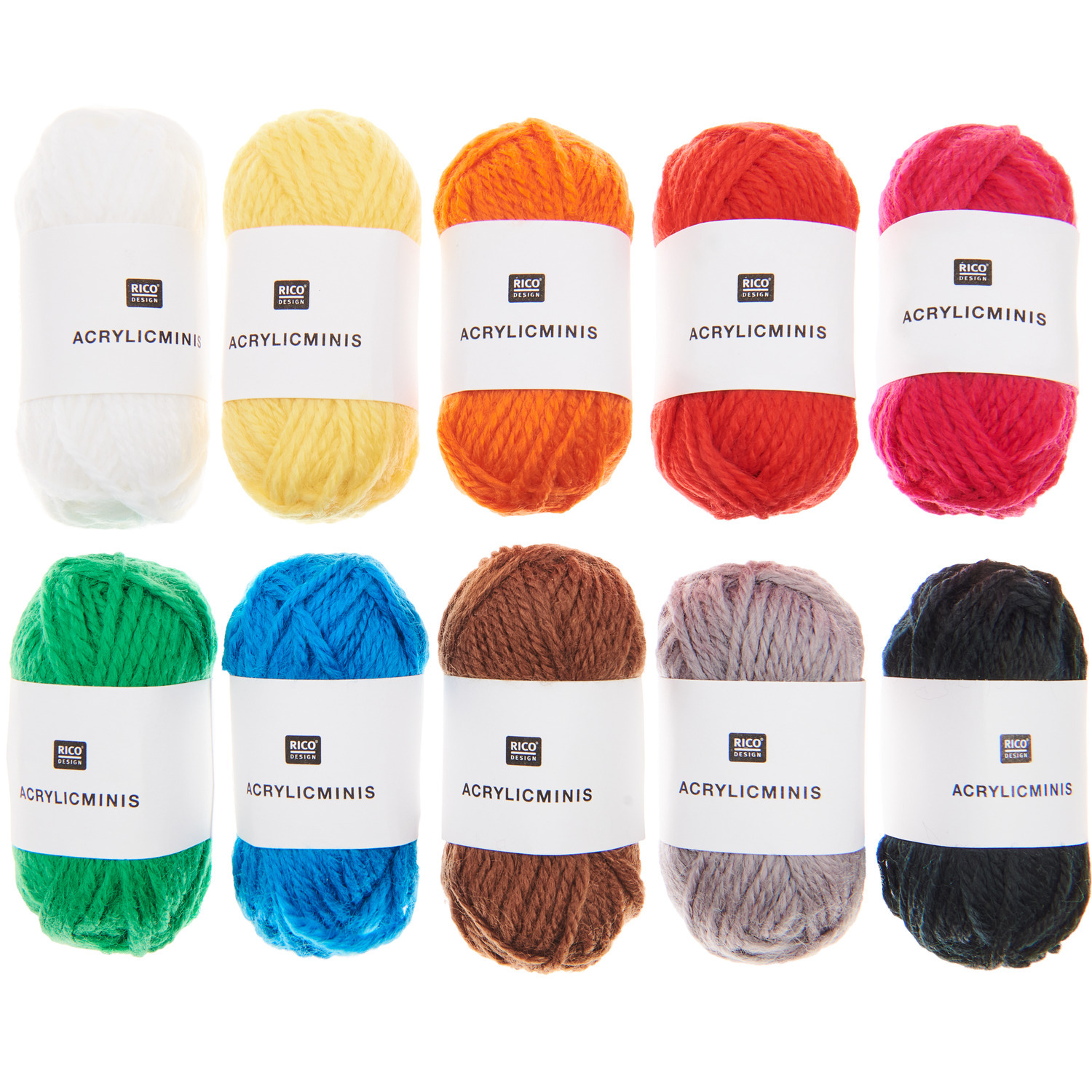 Minis classic Polyacryl: Zehn bunte Garnknäuel von Rico Design, ideal für kreative Strickprojekte.