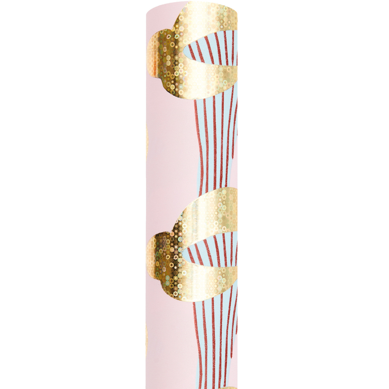 Geschenkpapier Pfifferlinge Rosa von Rico Design mit goldenen und roten Mustern auf rosa Hintergrund, 70cm x 2m, 80g/m².