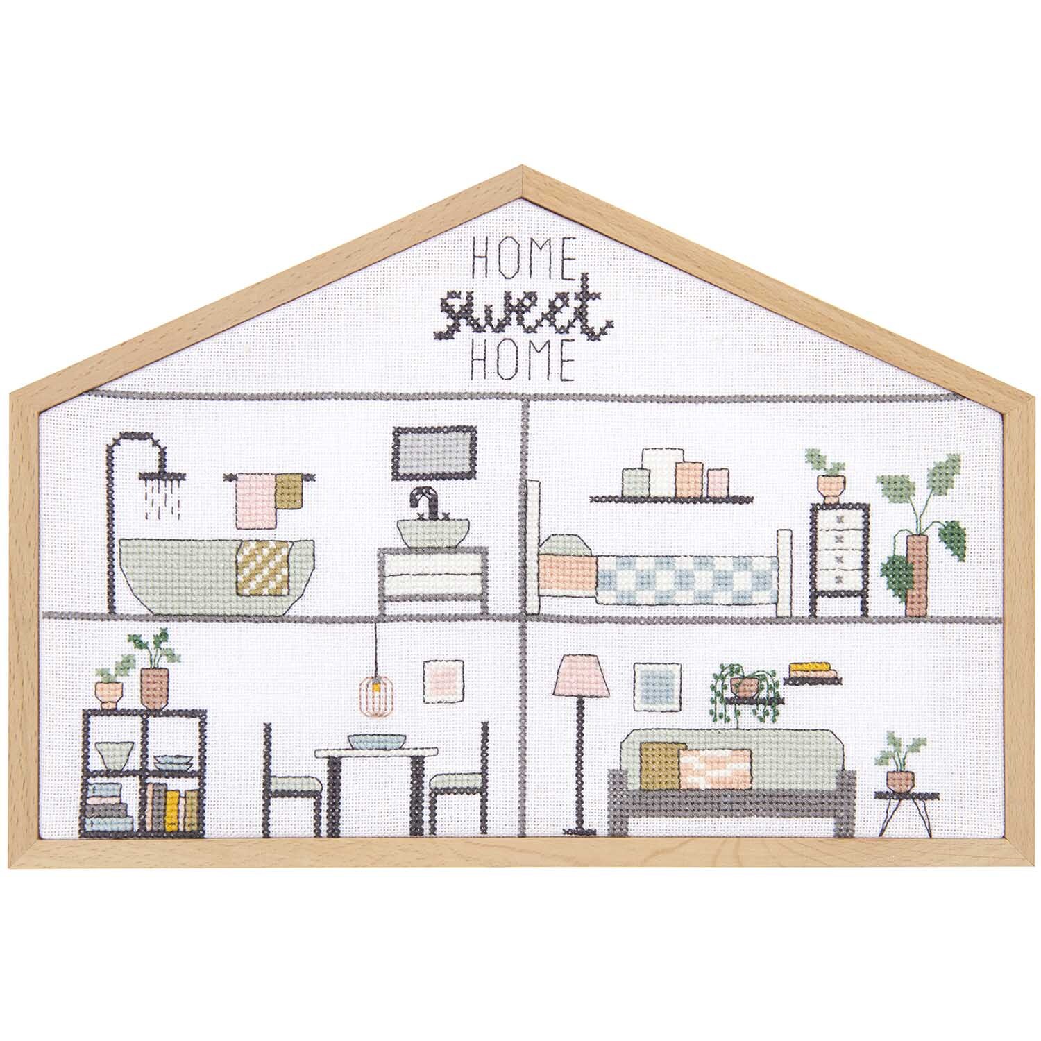 Cadre décoratif Maison format paysage Taille 27,5x19cm from Rico Design Dekorahmen Haus Querformat zeigt ein stilisiertes Hausinterieur mit Stickerei "Home Sweet Home". Marke: Rico Design.