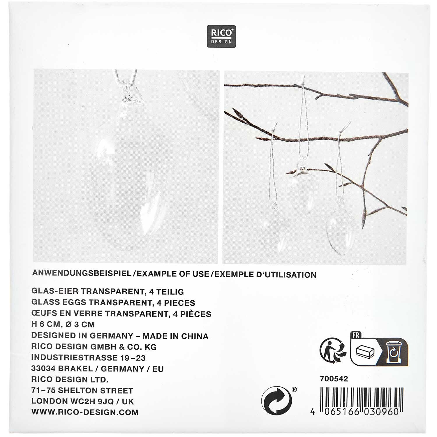 Glas Eier transparent 4 Stück Ø 3cm von Rico Design Glas Eier transparent 4 Stück Ø 3cm von Rico Design, aufgehängt an Zweigen, ideal für Dekorationen.