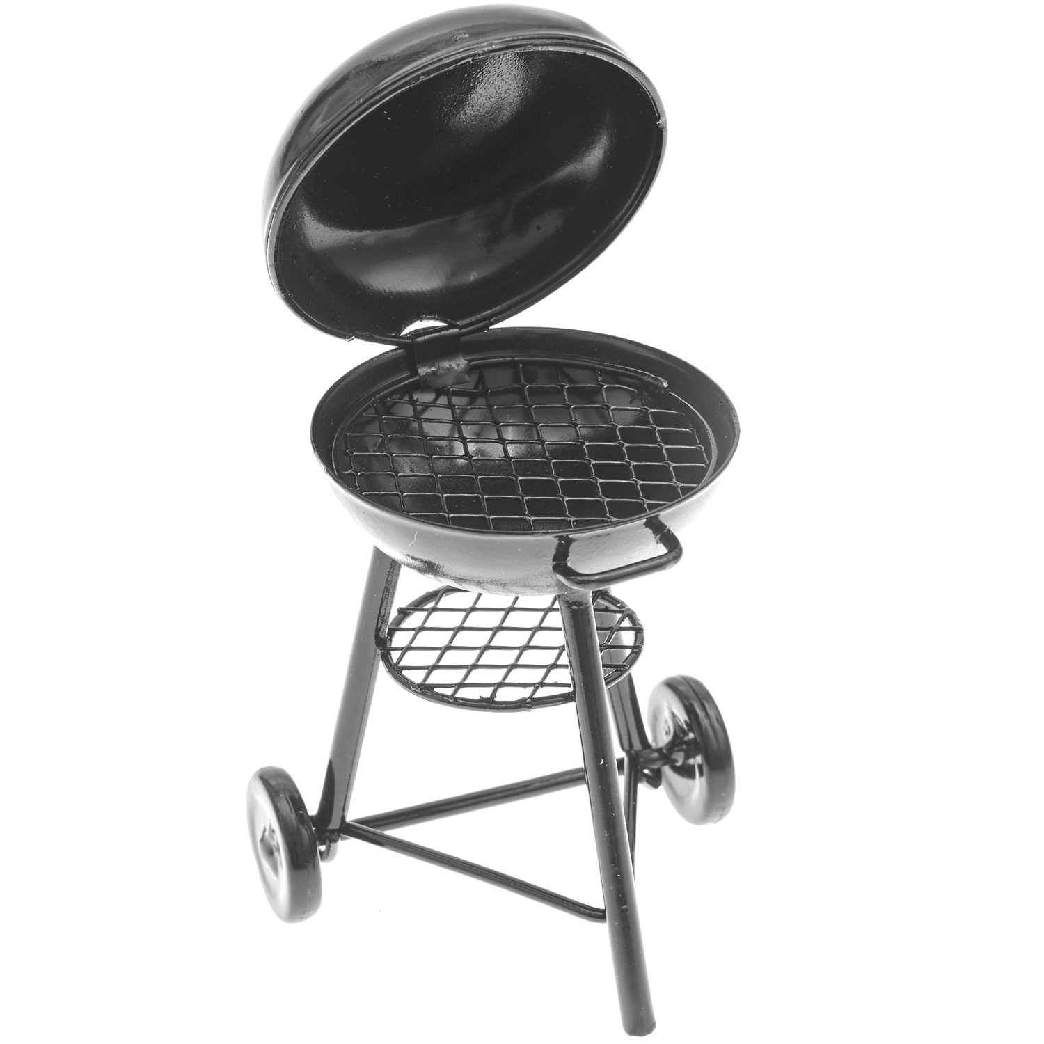 Miniatur Grill rund: Ein kleiner, runder Grill mit offenem Deckel und Gitterrost, ideal für Modellbau.